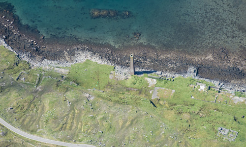 An oblique aerial view of a whaling station, and is designated as a scheduled monument
