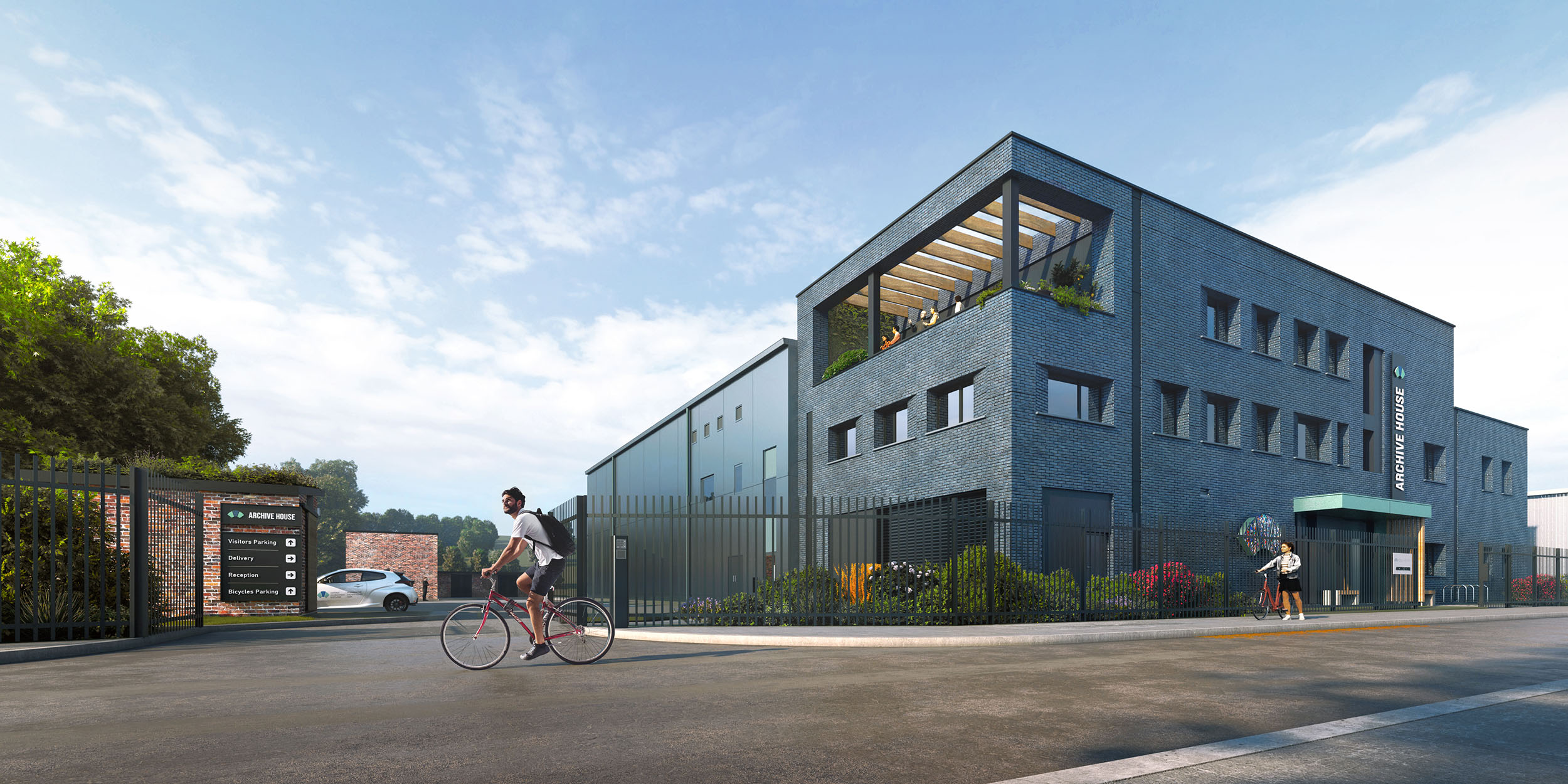 General view of Archive House, a 3d rendering of a grey building.