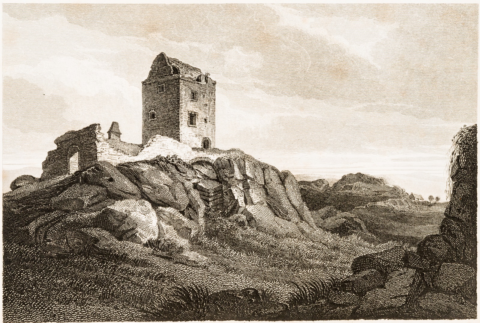 Historic engraving of a partly ruined stone tower rising above a rocky landscape.
