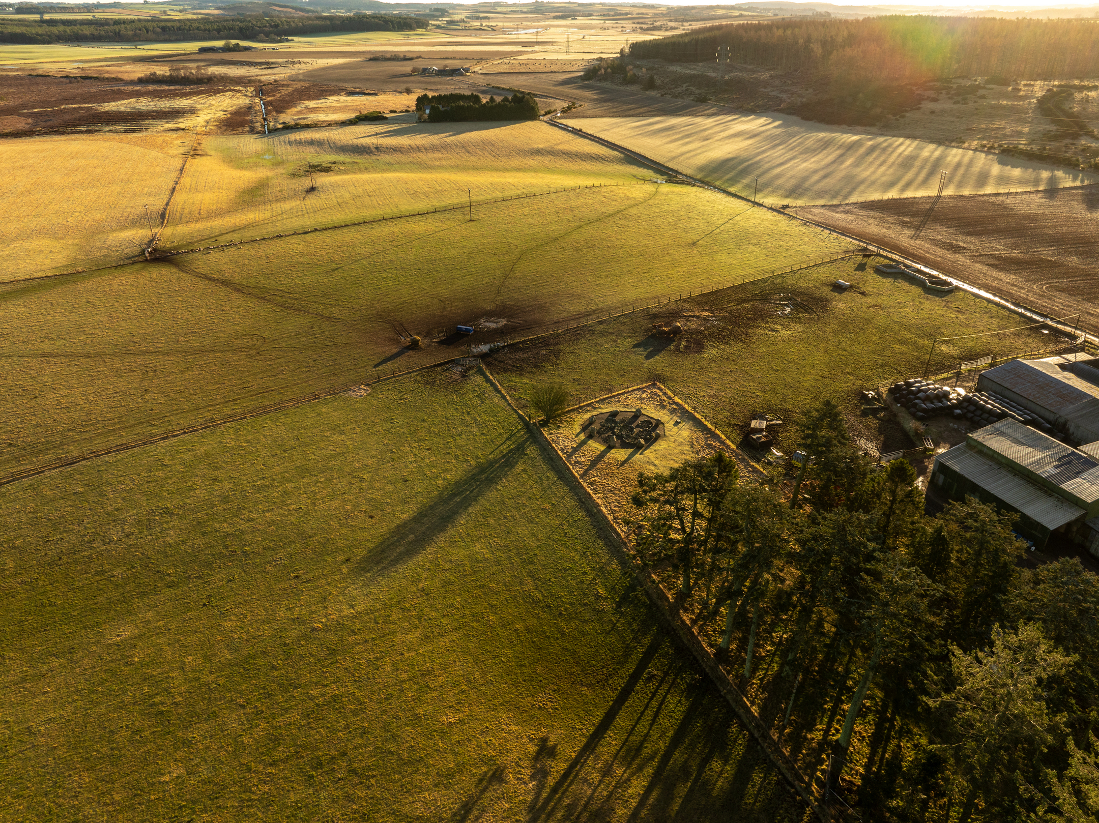 High aerial photograph of surrounding farmland with the stone circle visible as a small fenced enclosure near the lower right, lit by warm early-morning sunlight.