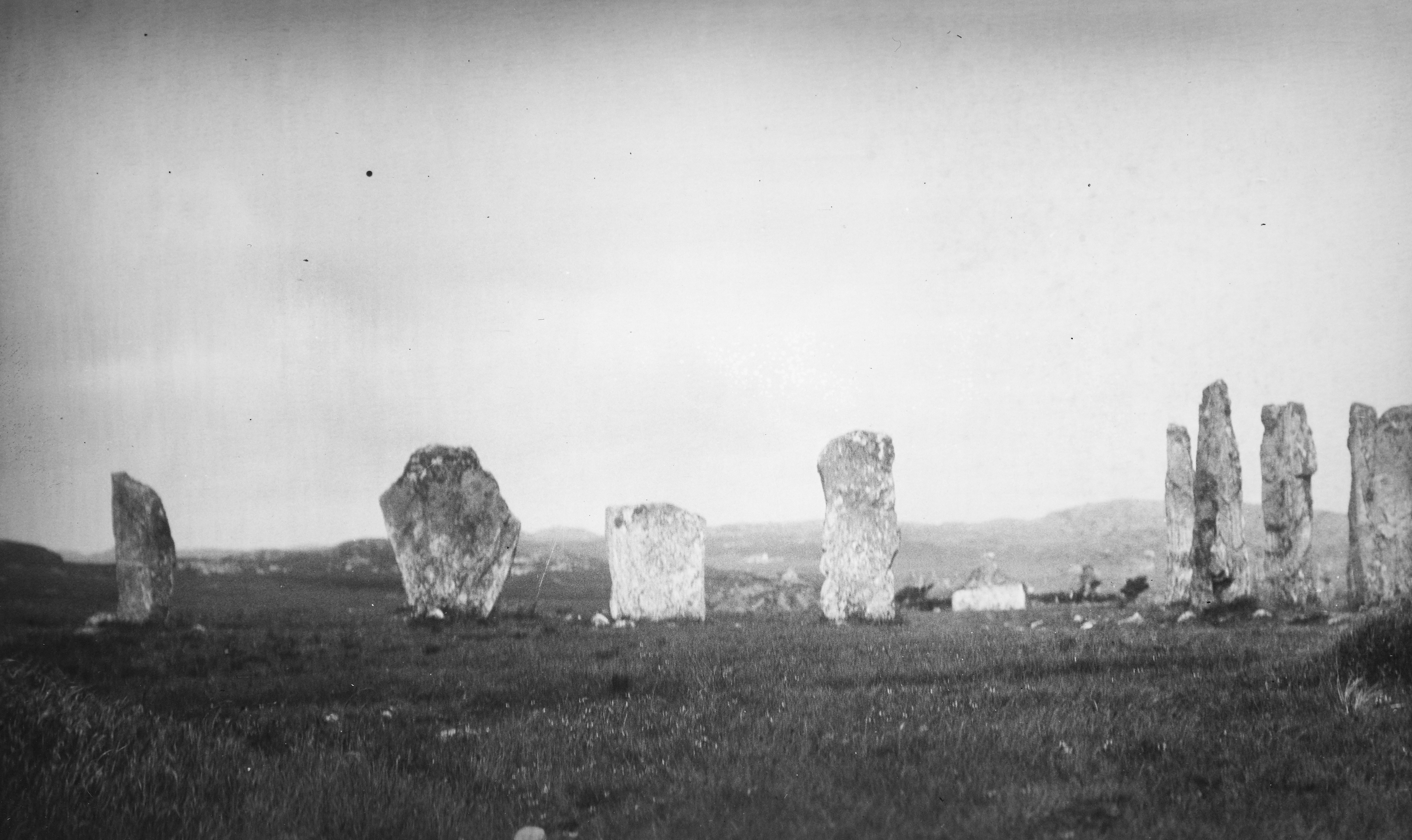 Black and white photo of the Calanais Standing Stones