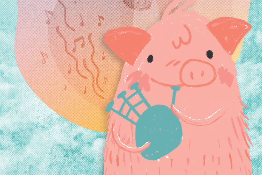 A cartoon pink pig is playing the bagpipes with a multicoloured background behind and lots of outline drawings of sound related items: musical notes, a drum, cog wheels, a violin, a canon with "BANG!" in a bubble, a harp, a speech bubble saying "Psst!" and the word "Sploosh" beside a splat symbol.