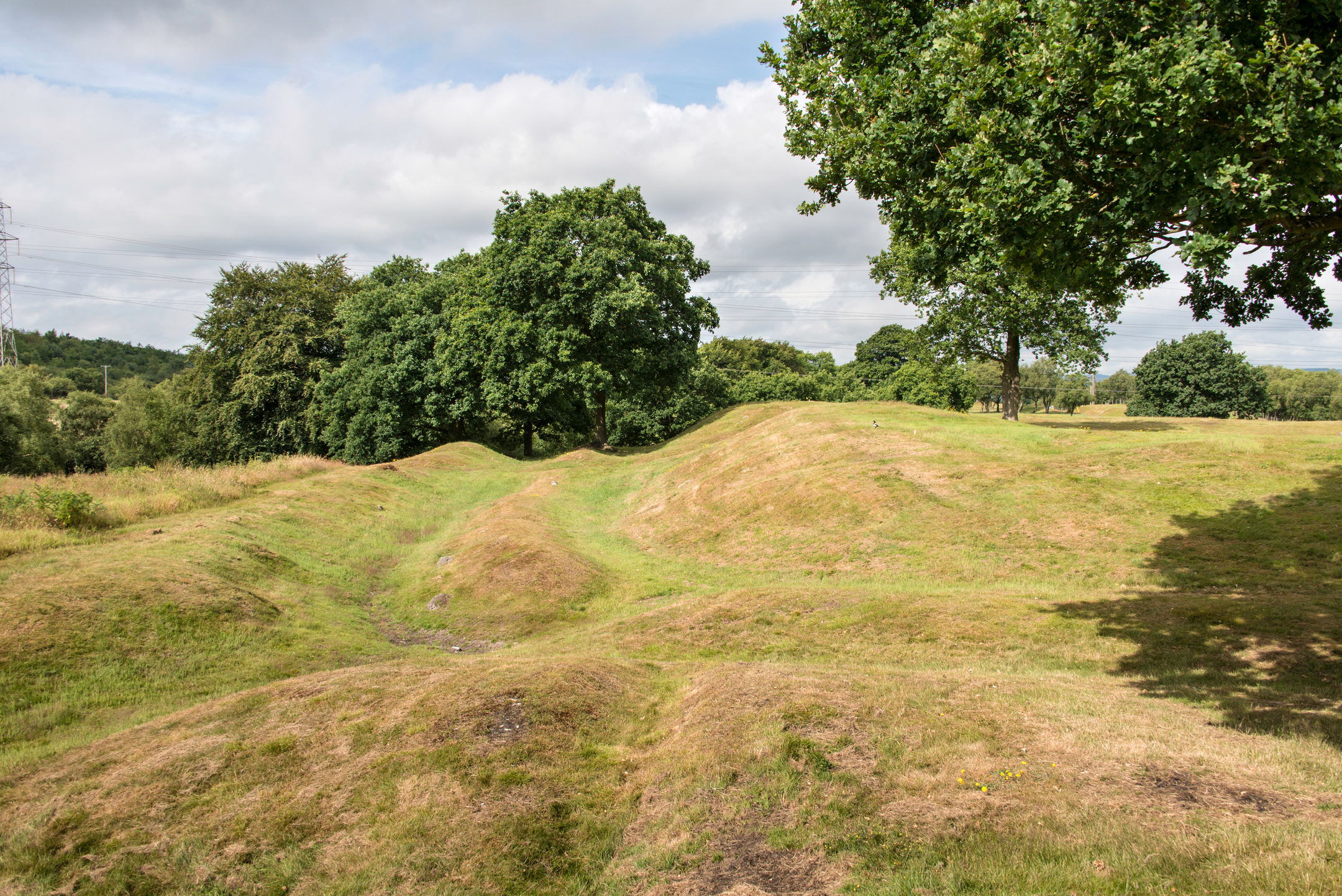 A landscape of grass-covered Roman earthworks forming a series of shallow ridges and hollows, surrounded by mature trees under a bright, lightly clouded sky.