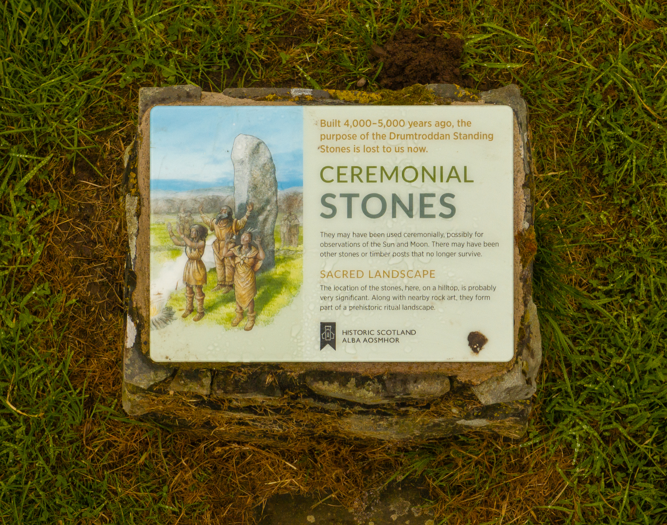 Interpretive sign at the Drumtroddan Standing Stones describing their ceremonial use and prehistoric landscape.
