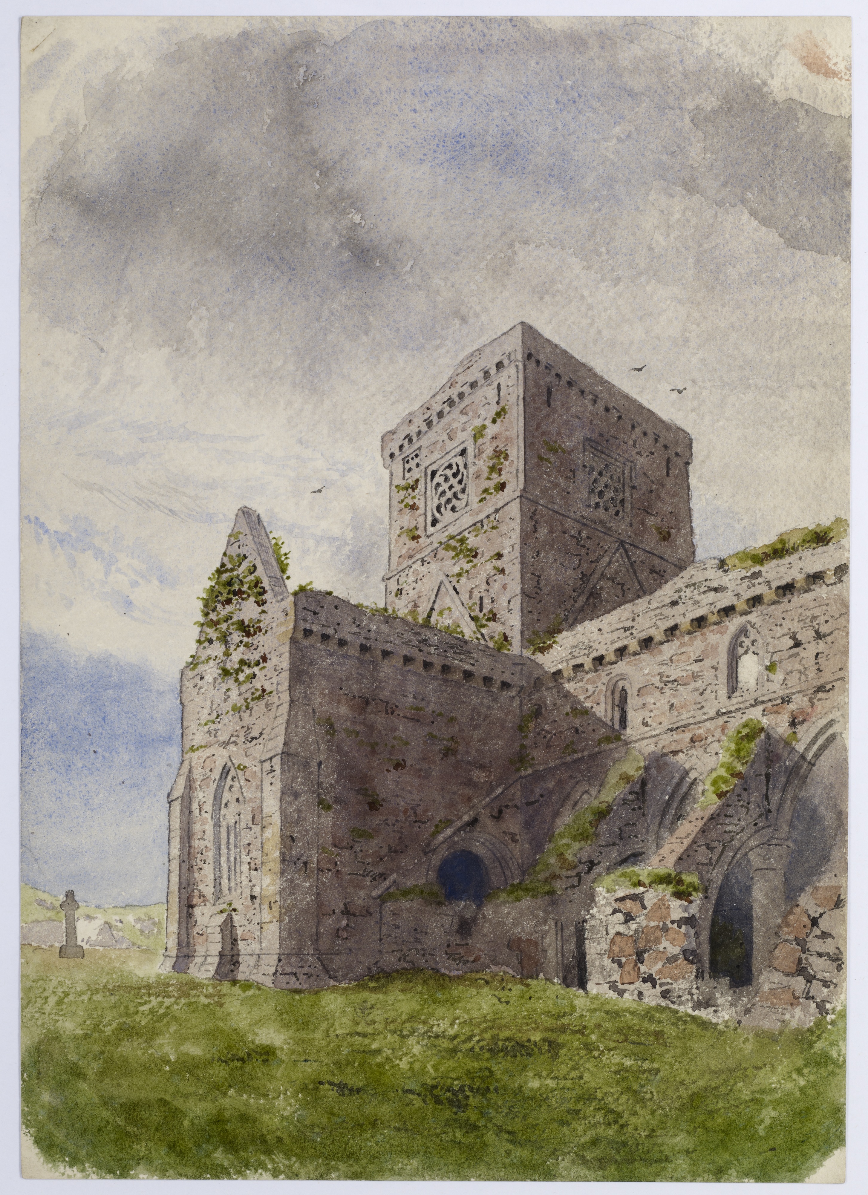 A painting of a historic stone abbey, with some vegetation growing out of the walls and a grassy foreground