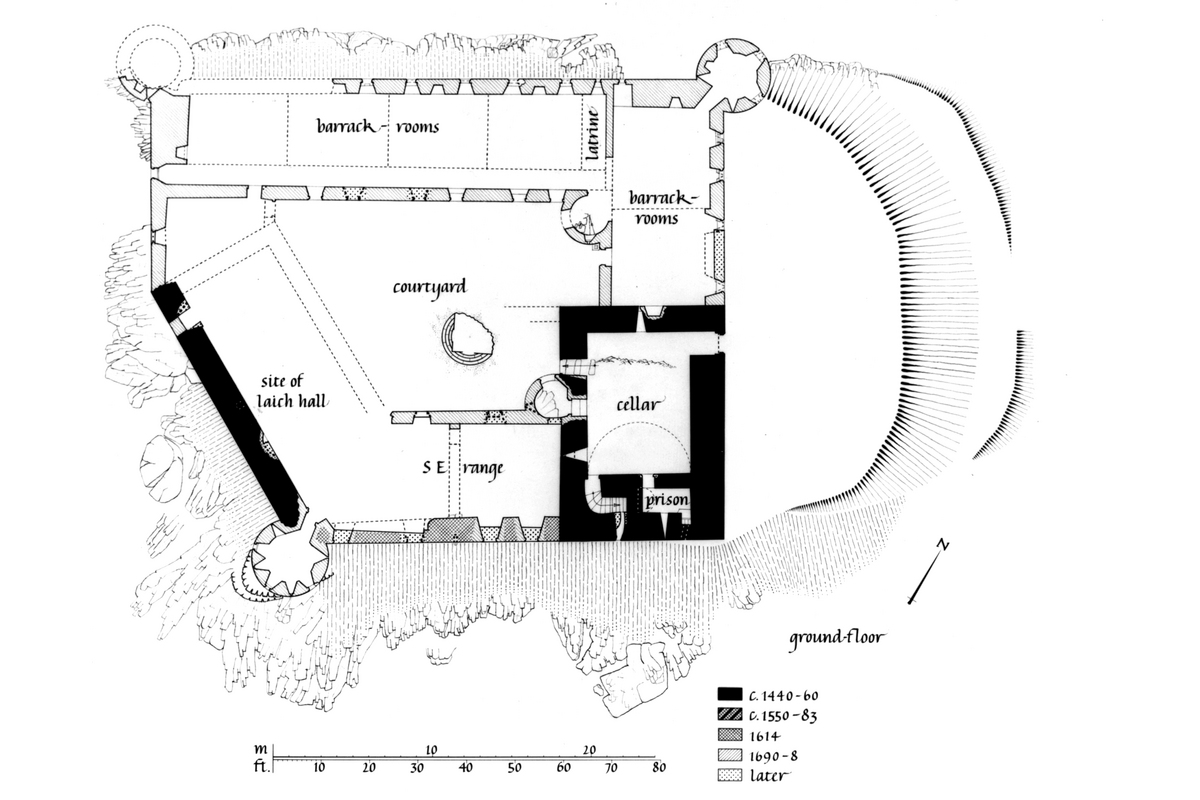 Black and white floor plan showing barracks, bellar, courtyard, laich hall and a key indicating the age of different sections