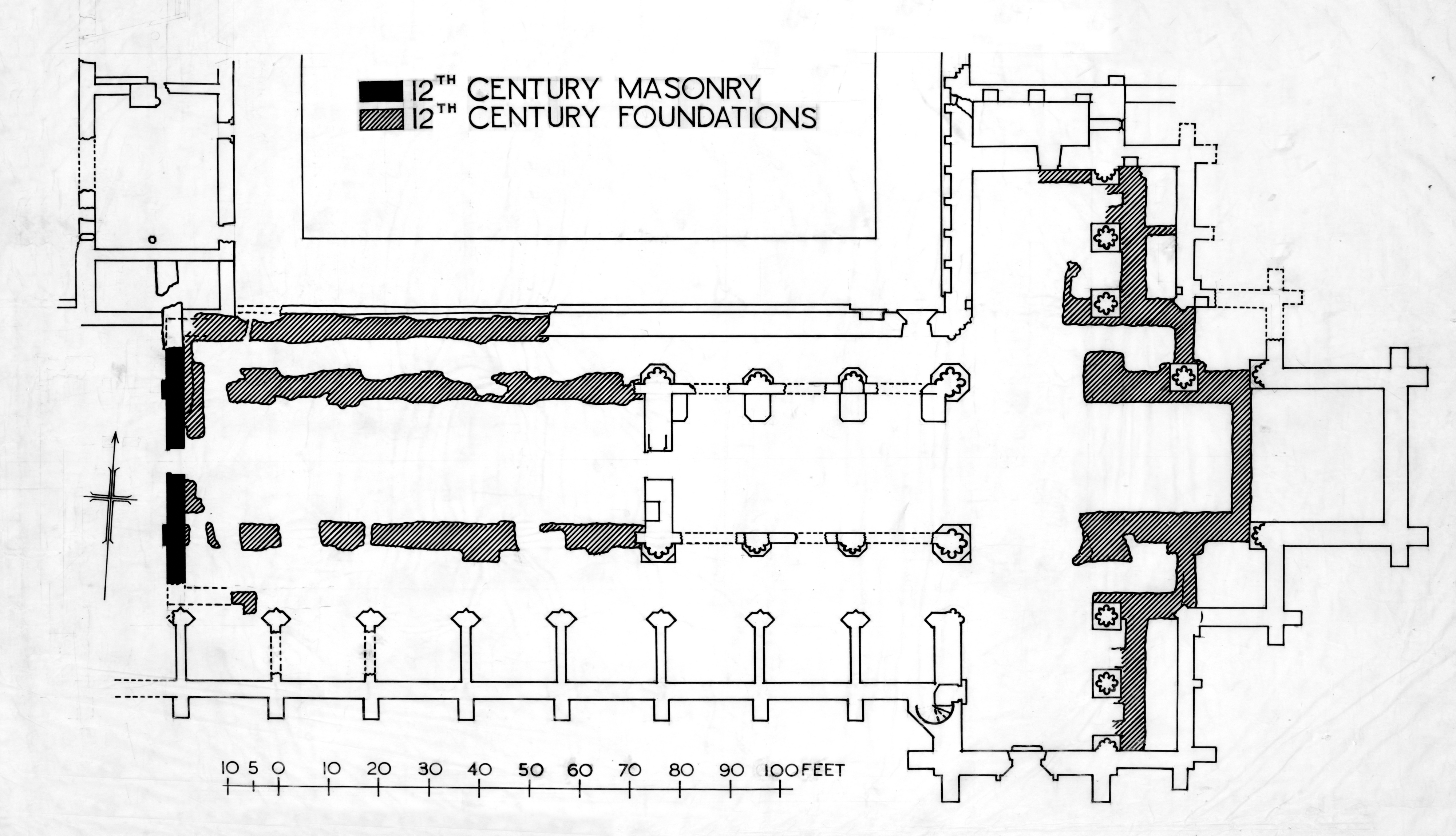 Floor plan showing 12th century masonry and 12th century foundations of Melrose Abbey