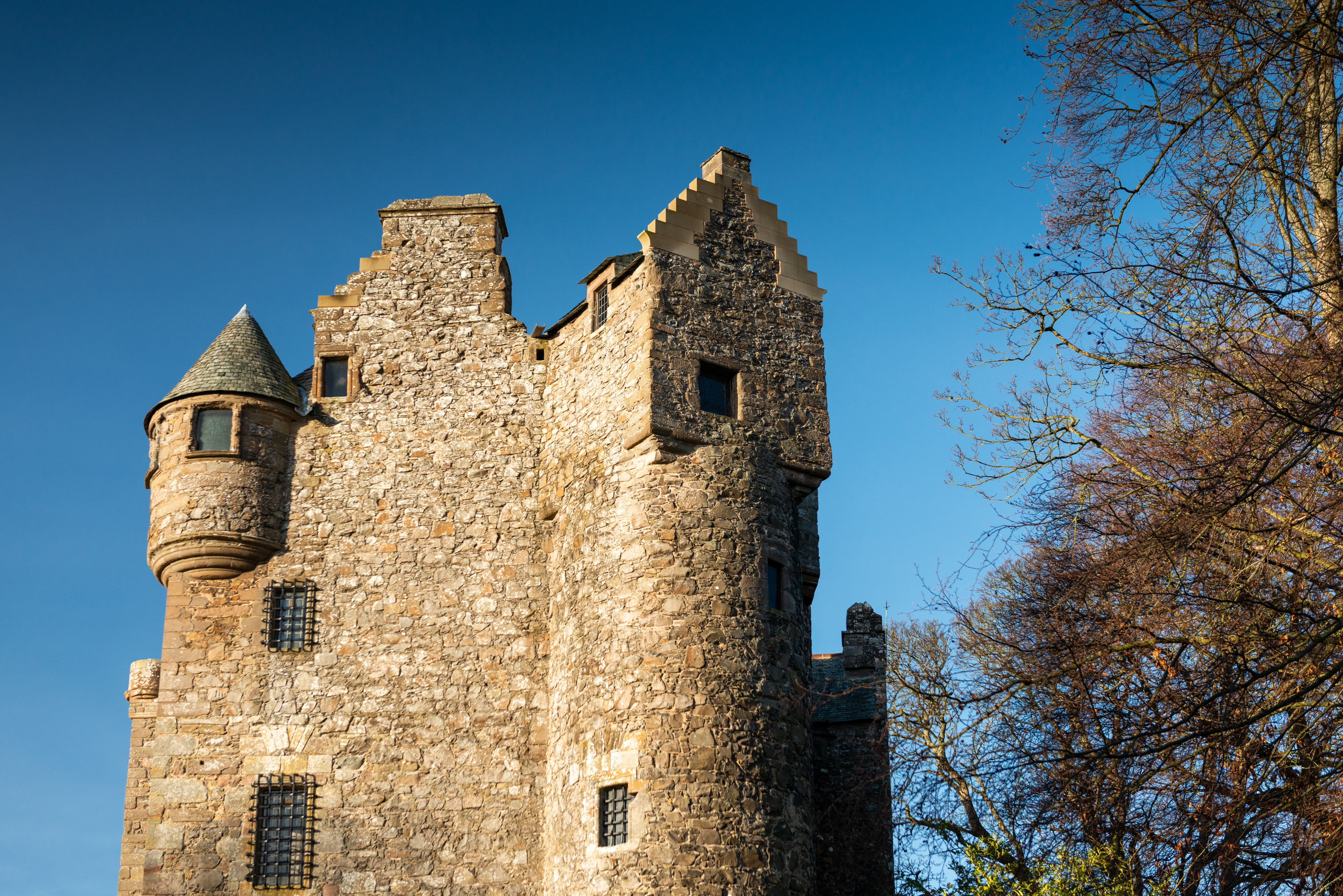 Close-up of Elcho Castle’s upper walls and turret, showing detailed stonework and small barred windows. The structure is framed by bare tree branches under a clear blue sky.