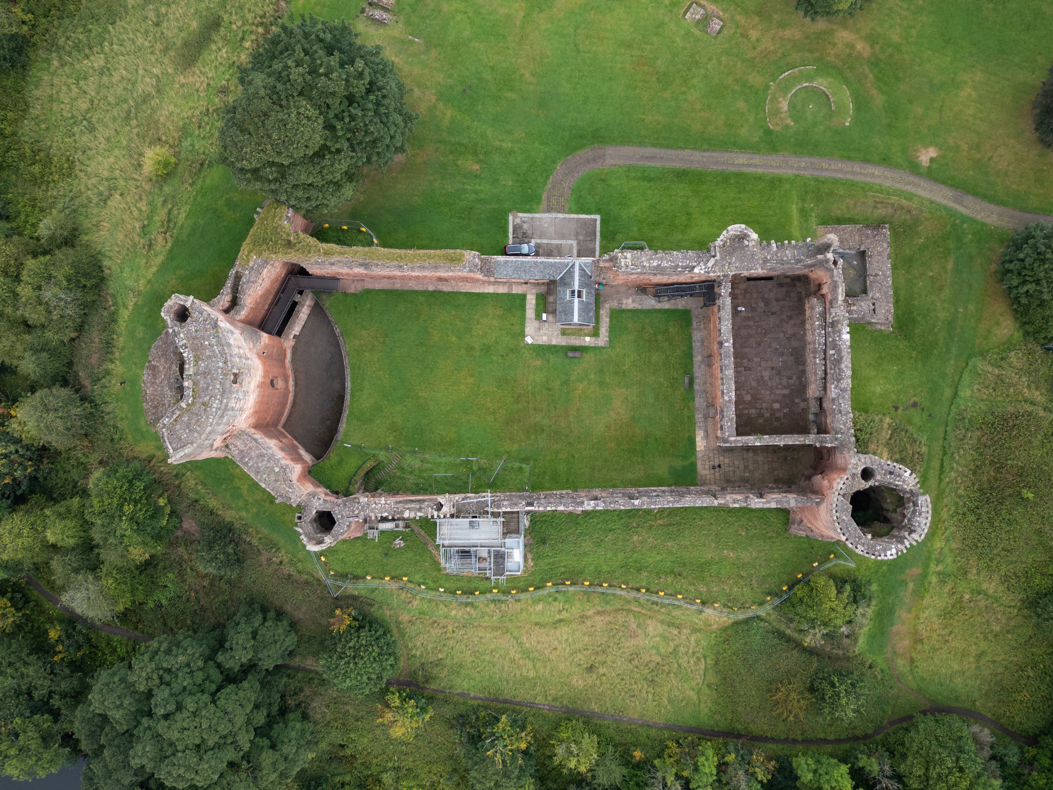 Aerial view directly over the ruins of Bothwell Castle