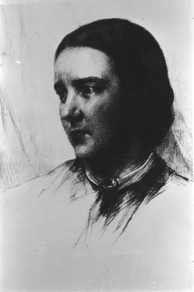 A black and white drawing of a person looking away from the viewer, the drawing is of their face, and they have dark hair tied back behind their head.