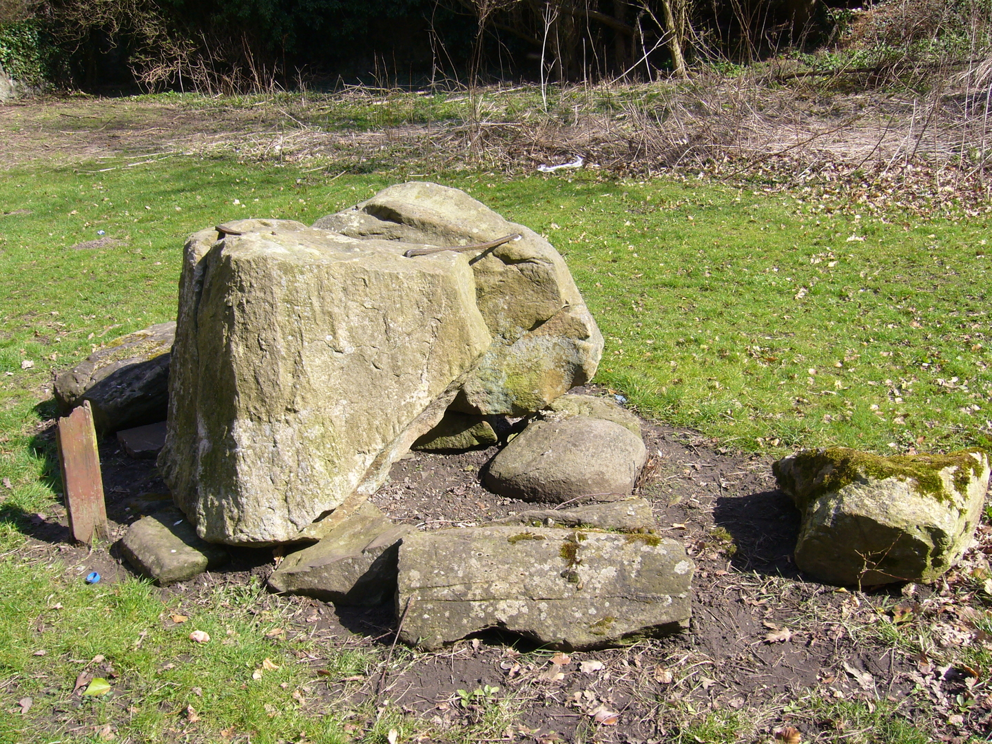 Multiple stones of various sizes sit on a patch of mud, with grass around it. It is a sunny day.