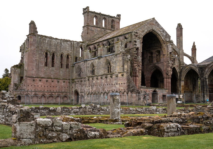 Exterior view of the magnificent ruin of Melrose Abbey 