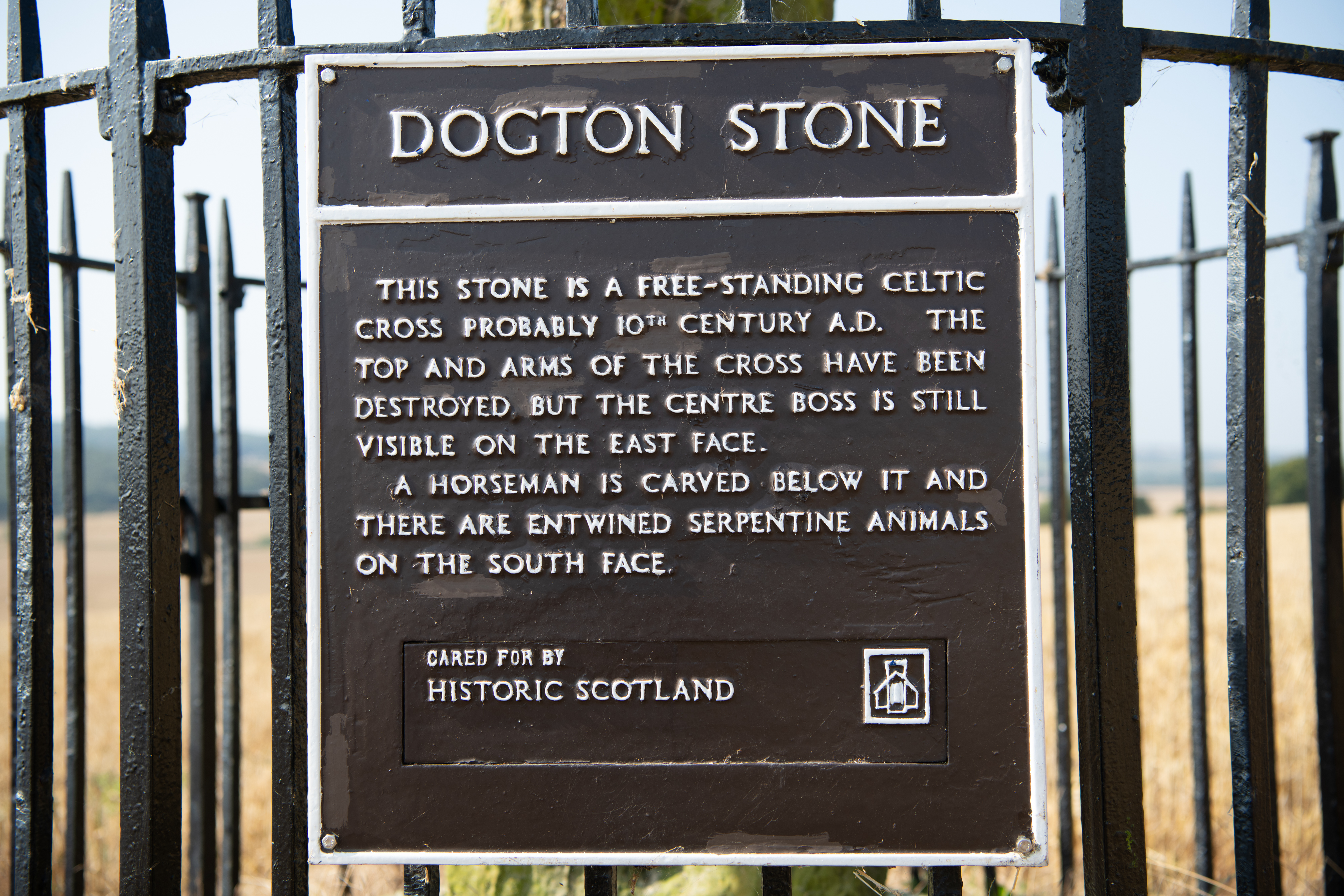A close-up of an information panel for the Dogton Stone, mounted on black railings. The sign explains that the monument is a free-standing 10th‑century Celtic cross with surviving carvings, and is cared for by Historic Scotland.