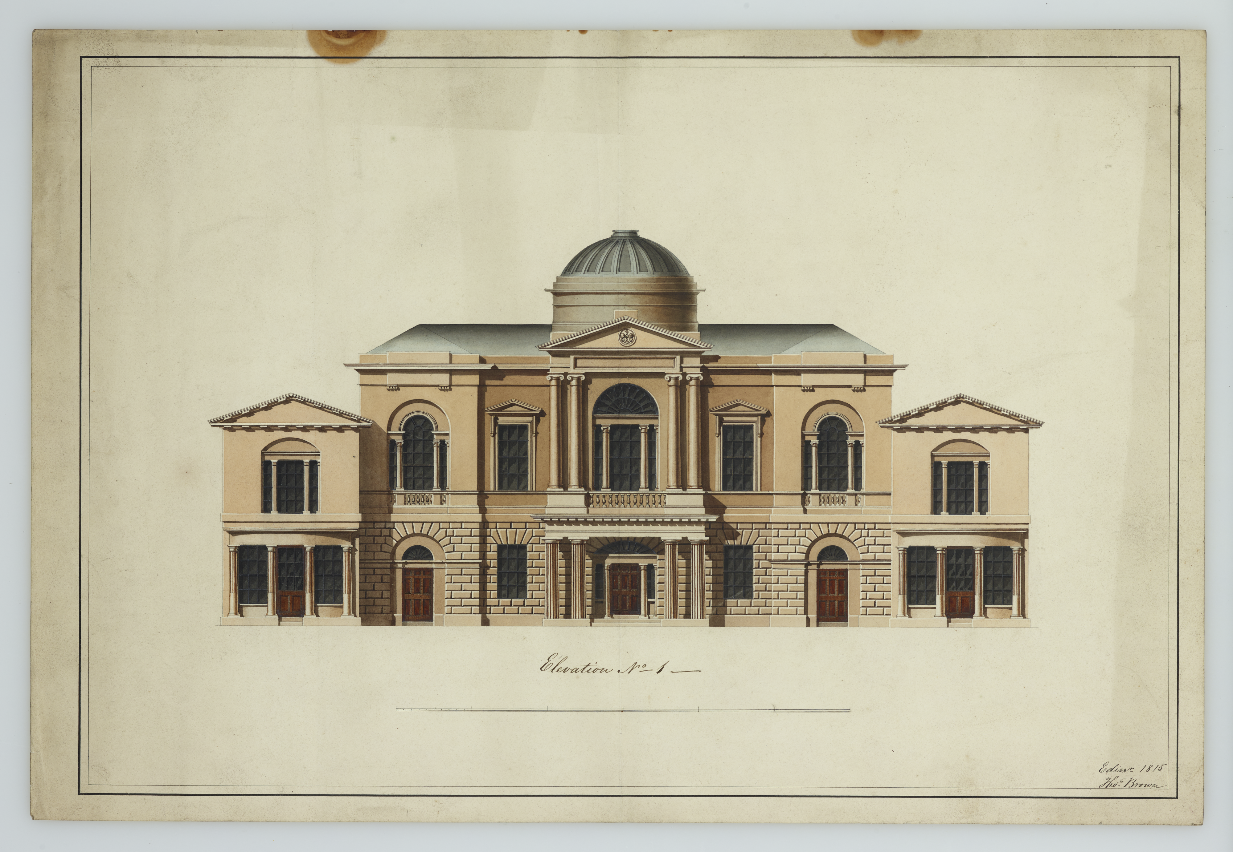 Colour drawing of front elevation of Trinity House