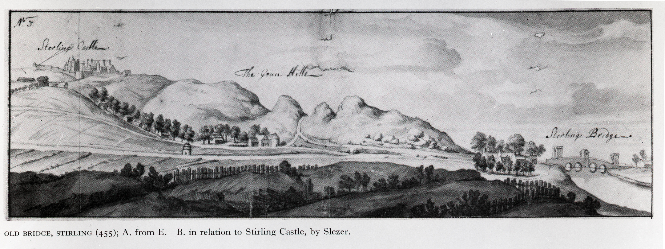 A historical black-and-white illustration showing Stirling Castle on a hill to the left and Stirling Old Bridge to the right. Rolling hills and scattered trees fill the landscape between them, labelled with handwritten annotations.