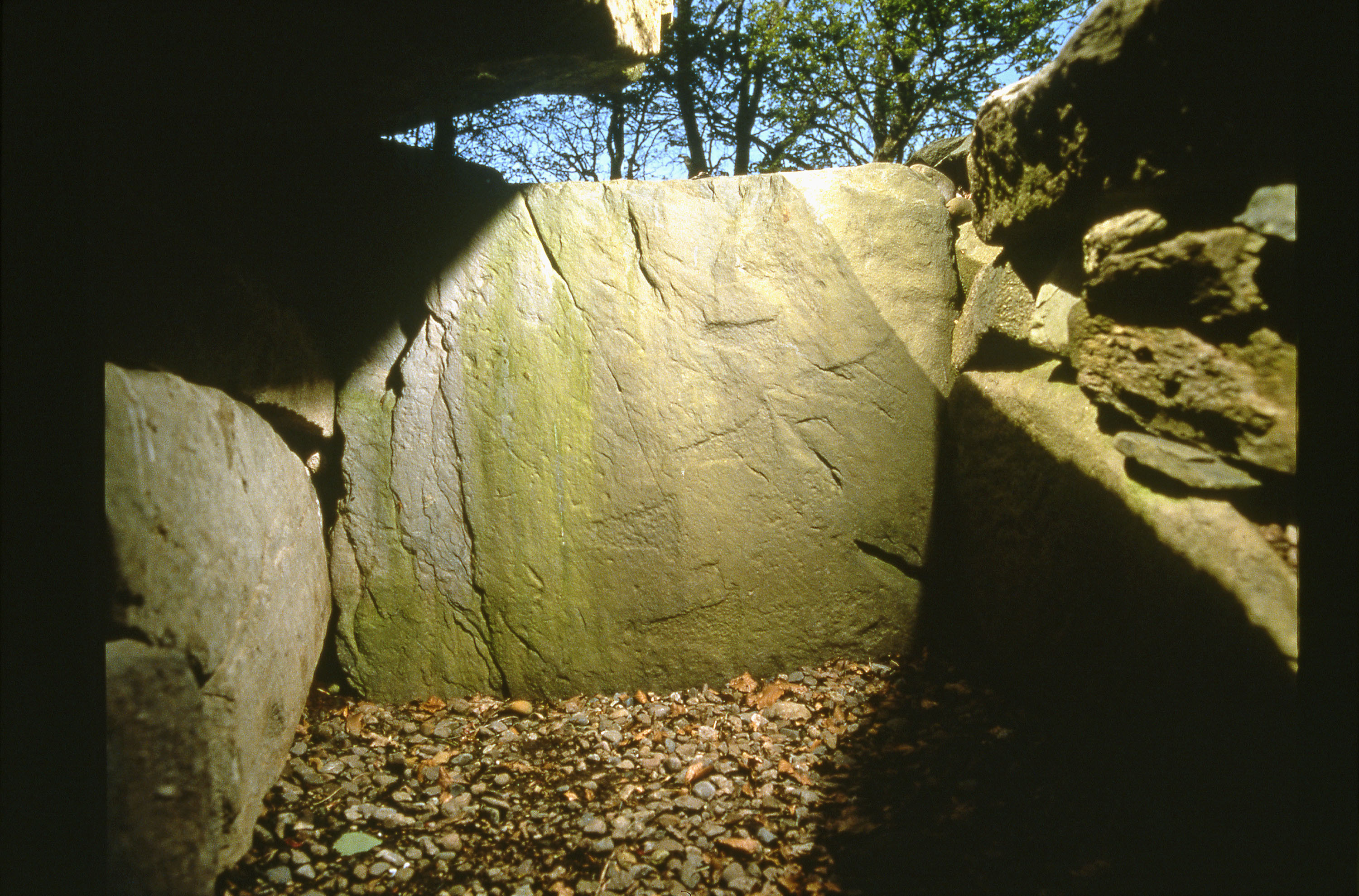 Inside view of a stone burial chamber at Ri Cruin Cairn, showing a tall upright slab. The slab is smooth, worn, and mottled with patches of green. The side walls are built from stacked stones, and sunlight enters from an opening above, casting a bright diagonal beam across the slab. The floor is covered with small pebbles and gravel. Trees and sky are faintly visible through the opening at the top.