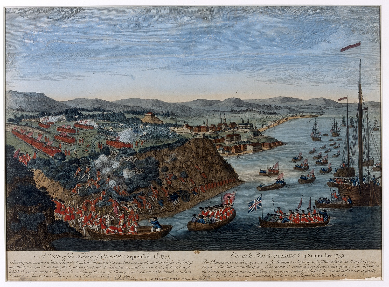 Engraving showing British troops in red coats assaulting French positions near a river during the 1759 Battle of Quebec with ships and a fortified town in the background.