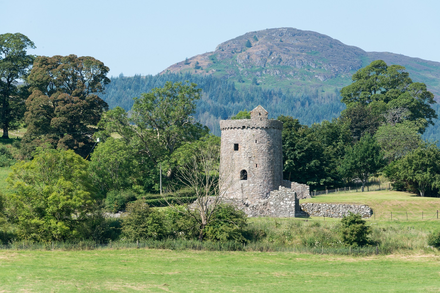 Orchardton Tower viewed from across open grassland, highlighting its circular stone form within a rural landscape.
