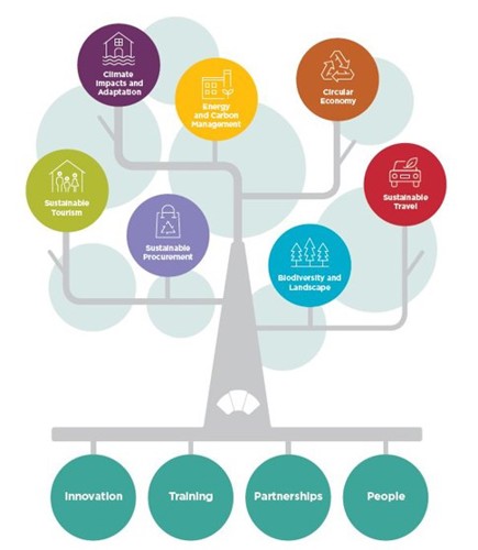 A diagram shaped like a tree of actions related to the climate emergency. Four strands as roots lead into a trunk with leaves as more parts of the policy.