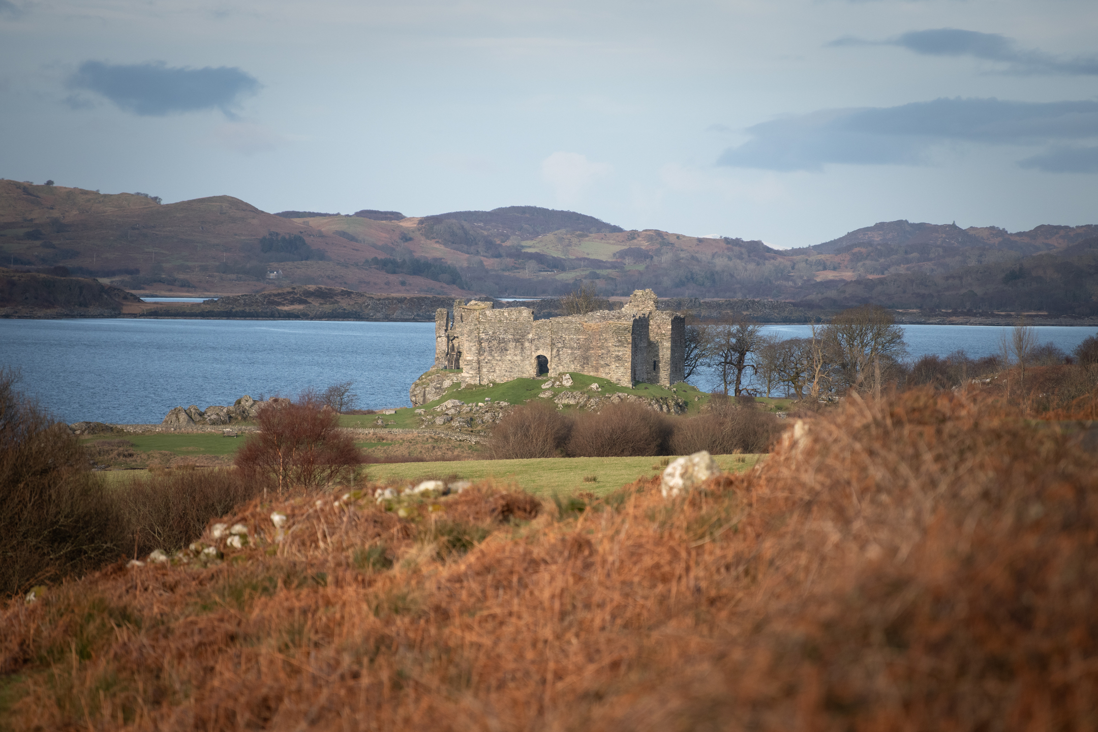 Reddish foliage in the foreground, a castle on a grassy hill in the centre, a body of water behind and hills beyond that