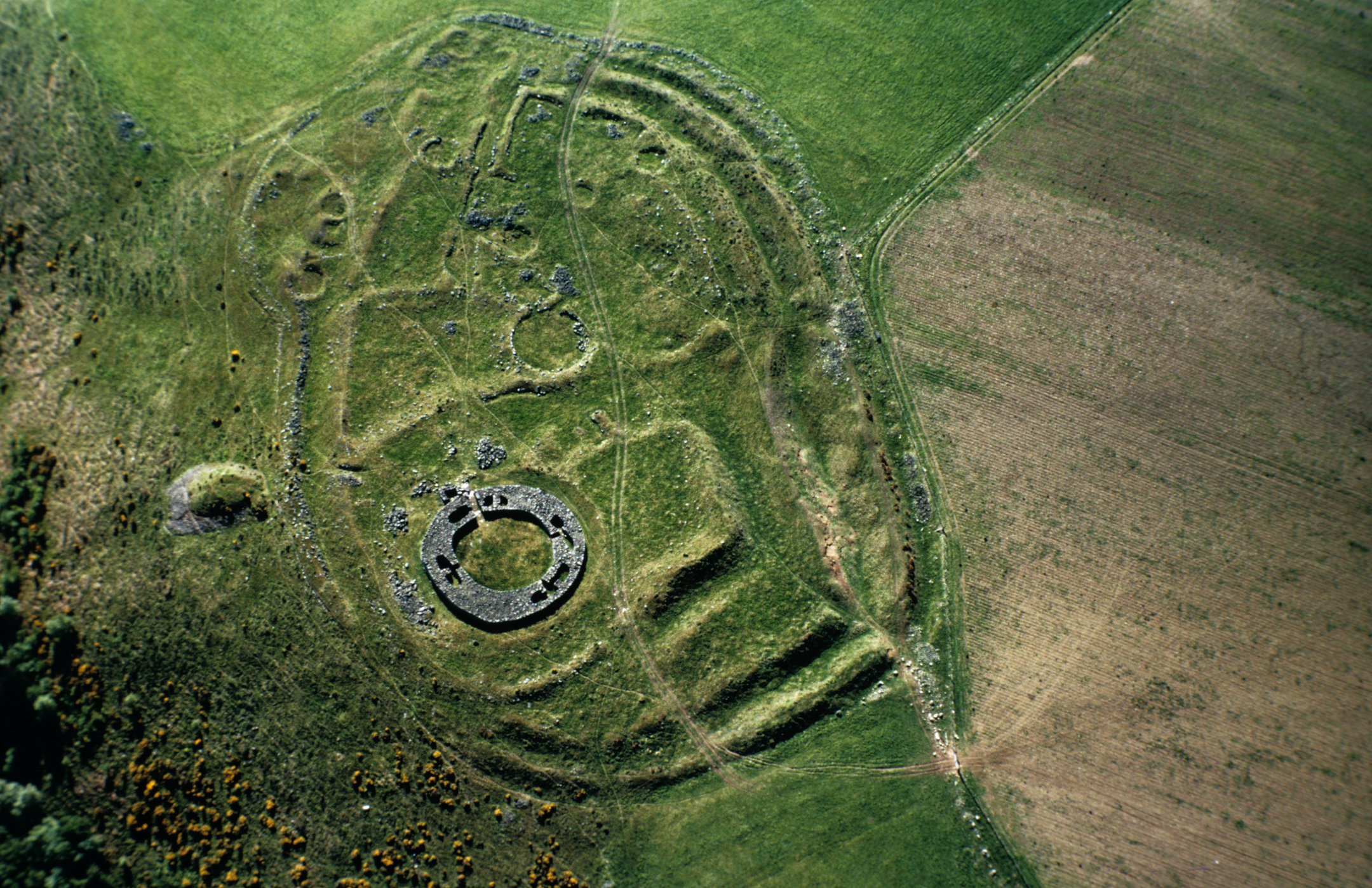 Aerial view of  Edin's Hall Iron Age broch and surroundings