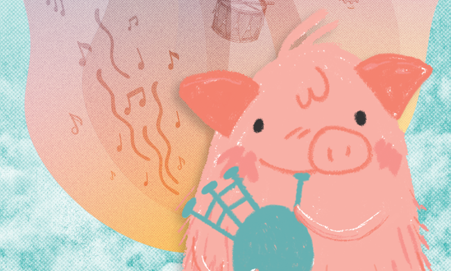 A cartoon pink pig is playing the bagpipes with a multi-coloured background behind and lots of outline drawings of sound related items