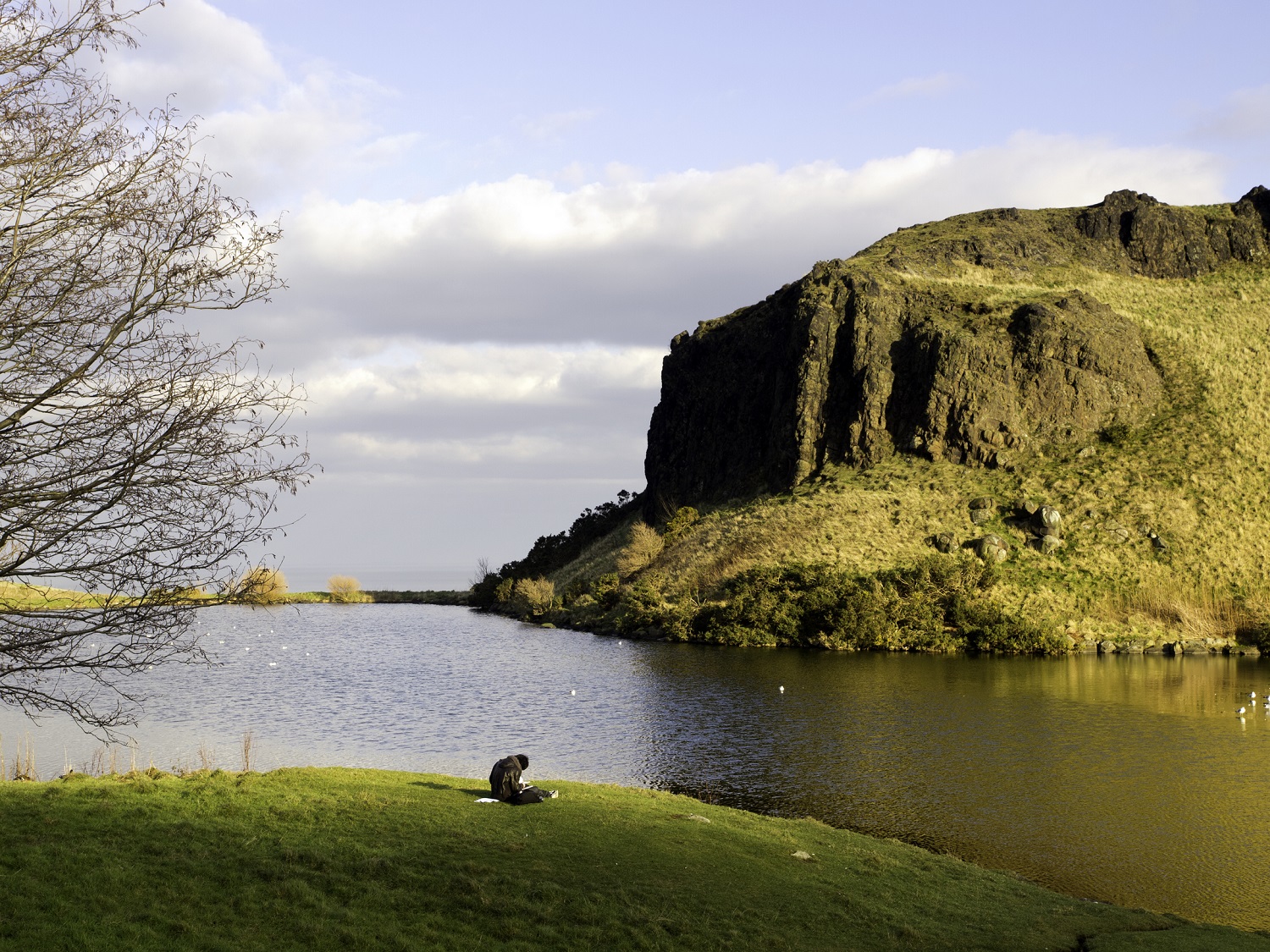 Dunsapie Loch in Holyrood Park with calm water, a rocky hill on the right, and a bare tree on the left under a partly cloudy sky. A person sits on the grassy bank.