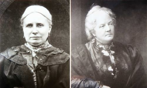 Two black and white portraits of white women, both with the appearance of white hair.