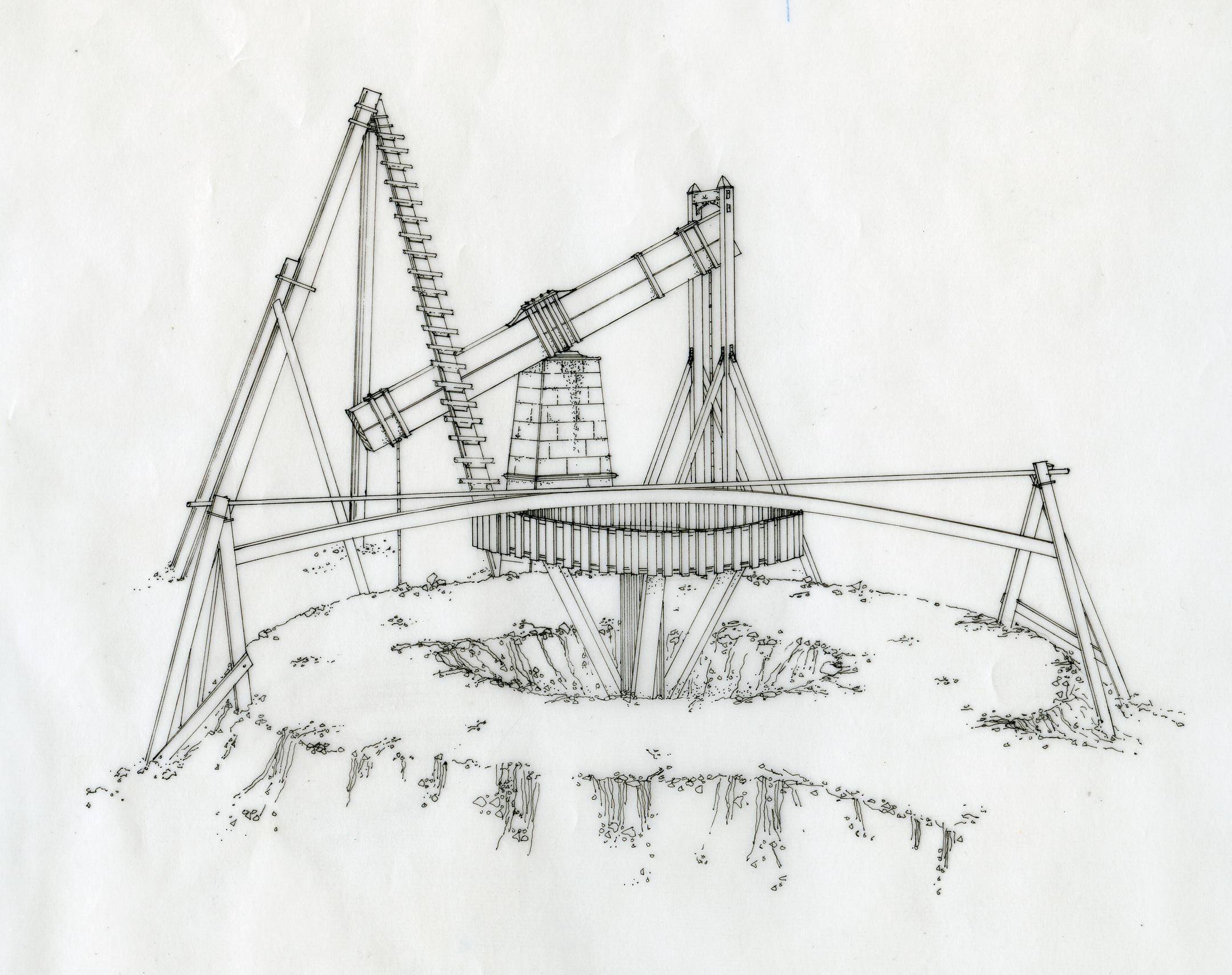 A black and white drawing showing a beam engine would have worked