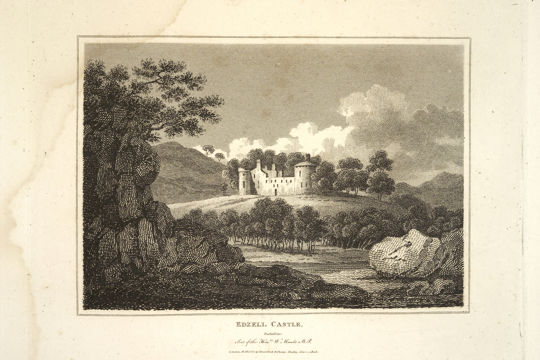 An archive print showing an engraving of Edzell Castle. The ruined castle is perched atop a small hill and is surrounded by clusters of trees. 