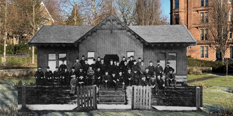 Historic image of the First Hampden pavilion in 1878 overlaid with image of the site as it looks today, showing approximately where it would have been situated. Historic images (c) Courtesy of Queen