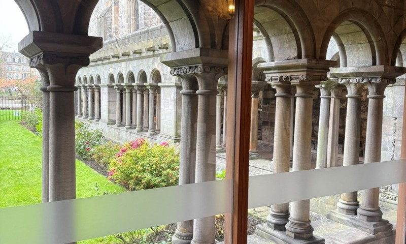 View from inside an abbey to the exterior via the nave