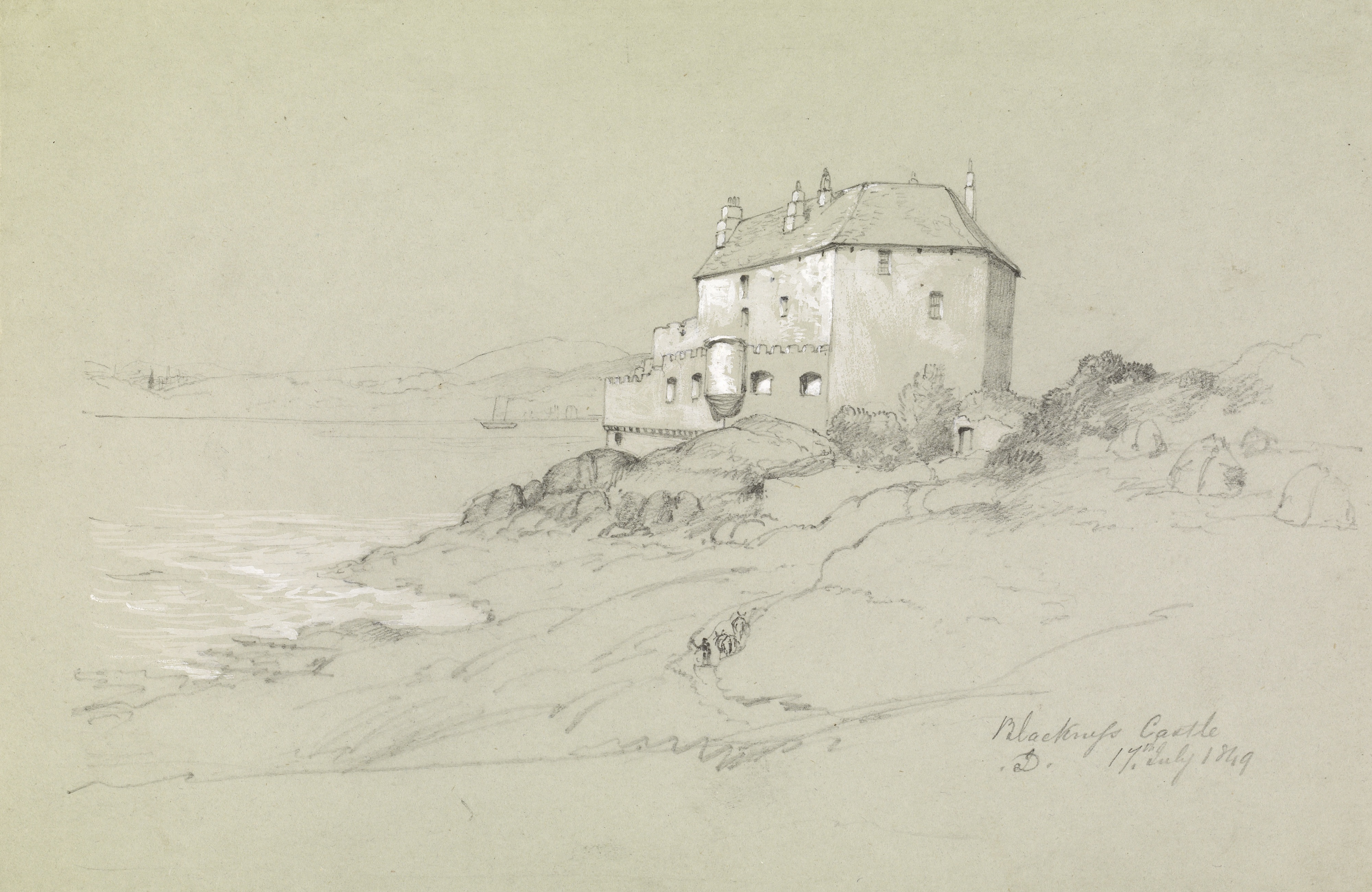 A sketch of a large castle by the water, with a slate roof and multiple chimneys