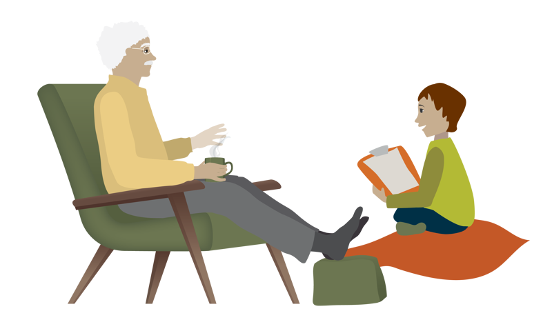 Illustration of a young person with a clipboard interviewing an old white haired man who's sitting in an armchair with a cup of tea.
