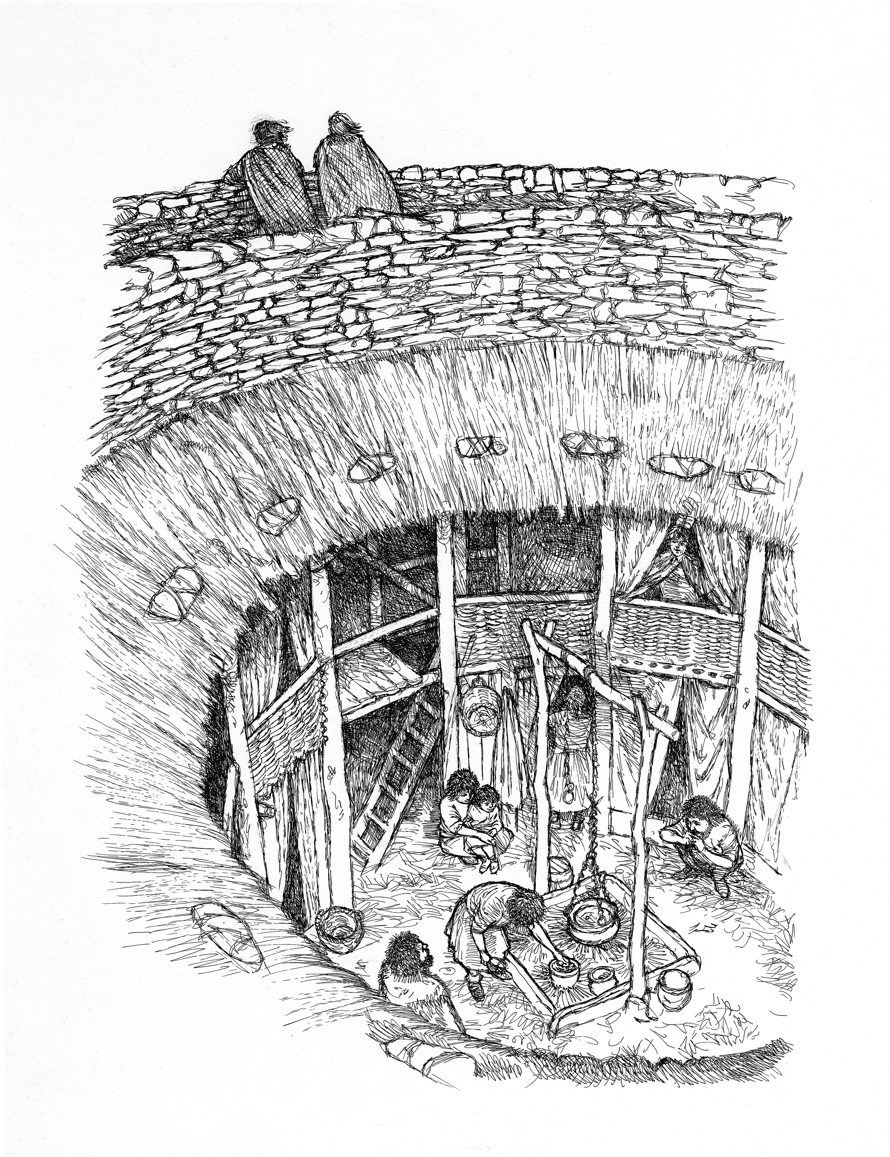 Illustration of a reconstructed Dun Dornaigil broch, showing a circular stone tower with thick walls and an open central courtyard. The inner layout includes small rooms built into the wall thickness and a central working area. Surrounding the broch are several roundhouses, pathways, and small enclosures forming a settlement. The landscape around the structures appears as open moorland with hills in the distance.
