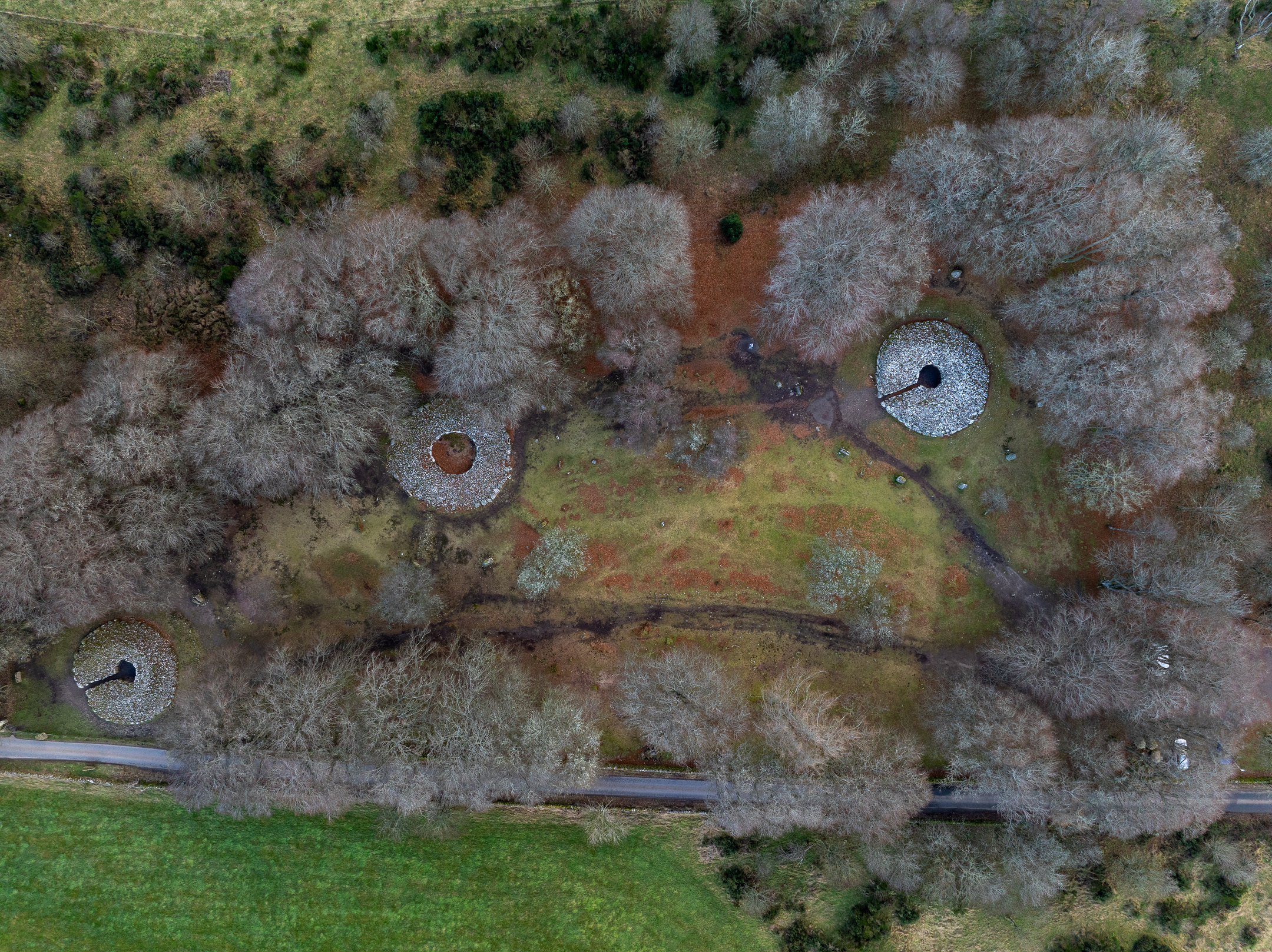 Aerial view of area with grass and trees, trees perhaps icy and grey-looking, orange leaves on the ground, and three distinctive grey cairns