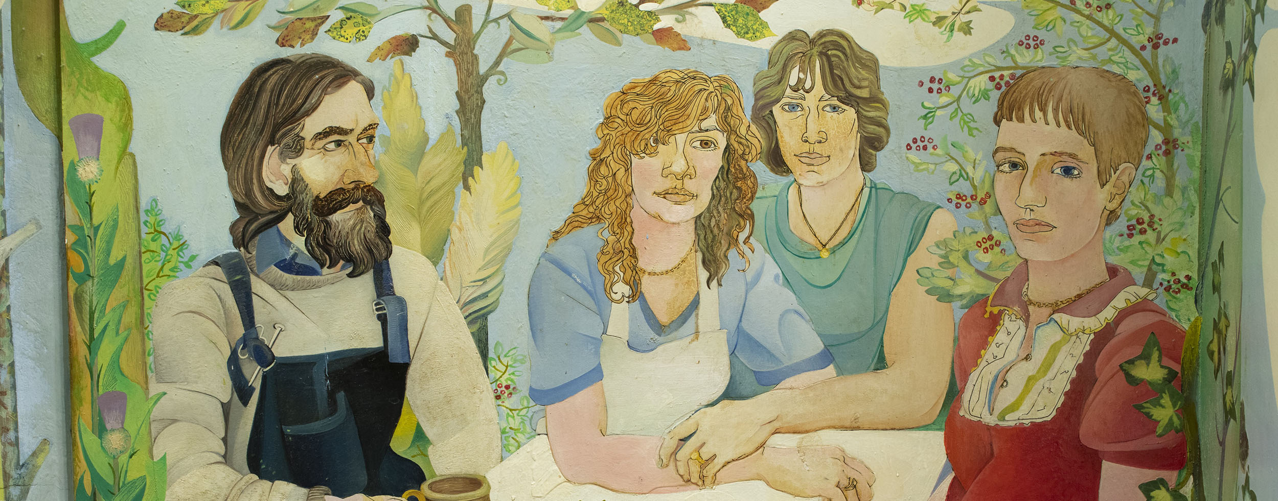 A painting of three woman and one man together, three of them are looking at ahead, with the man looking across. There are flowers and trees in the background.