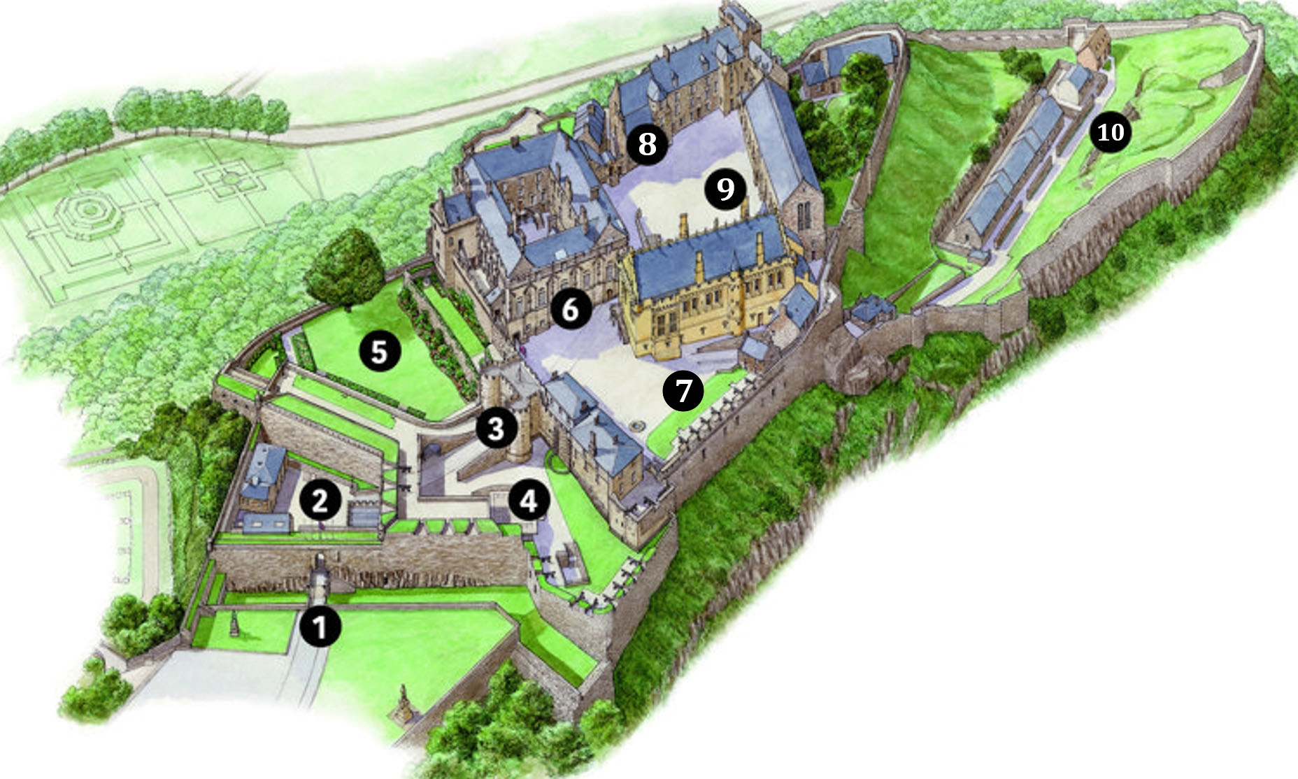 An aerial drawing of part of a map of a hilly landscape with a large castle complex with different buildings, and multiple walls surrounding it at different levels. There are neat gardens in the castle grounds and around it. There are black circles with white numbers on parts of the castle.