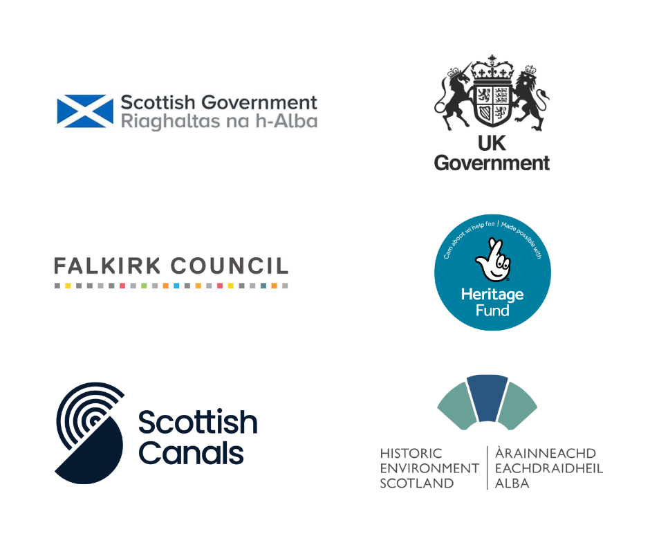 Logos for Scottish Government, UK Government, Falkirk Council, Heritage Fund, Scottish Canals and Historic Environment Scotland