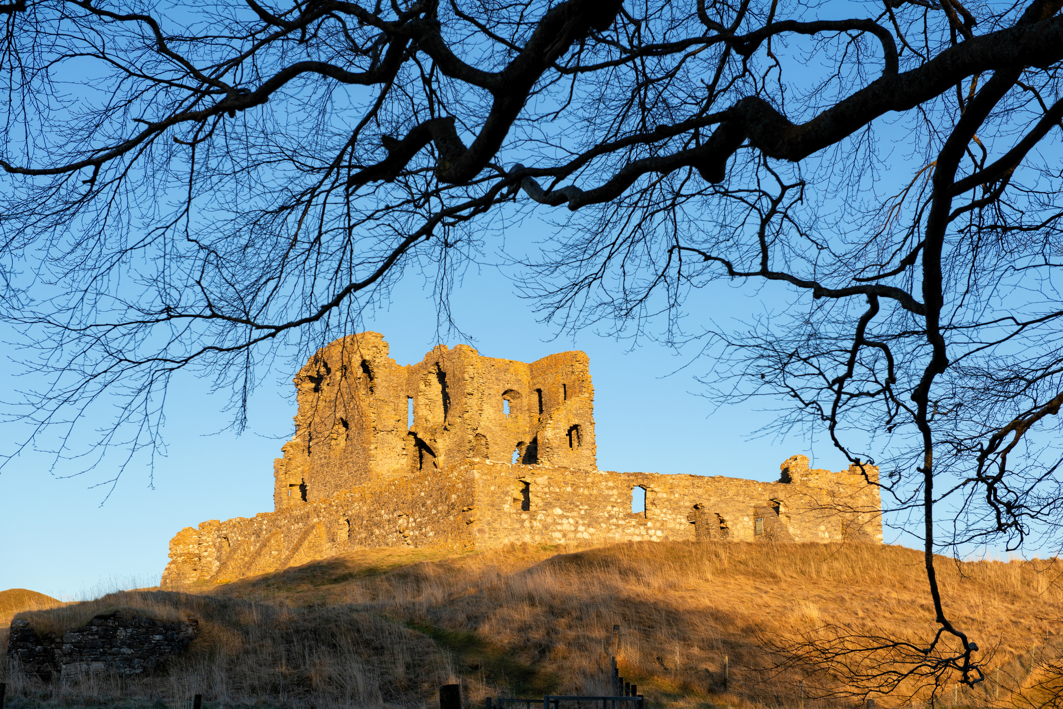 Sunshine on castle ruins, making the walls appear almost golden. 
