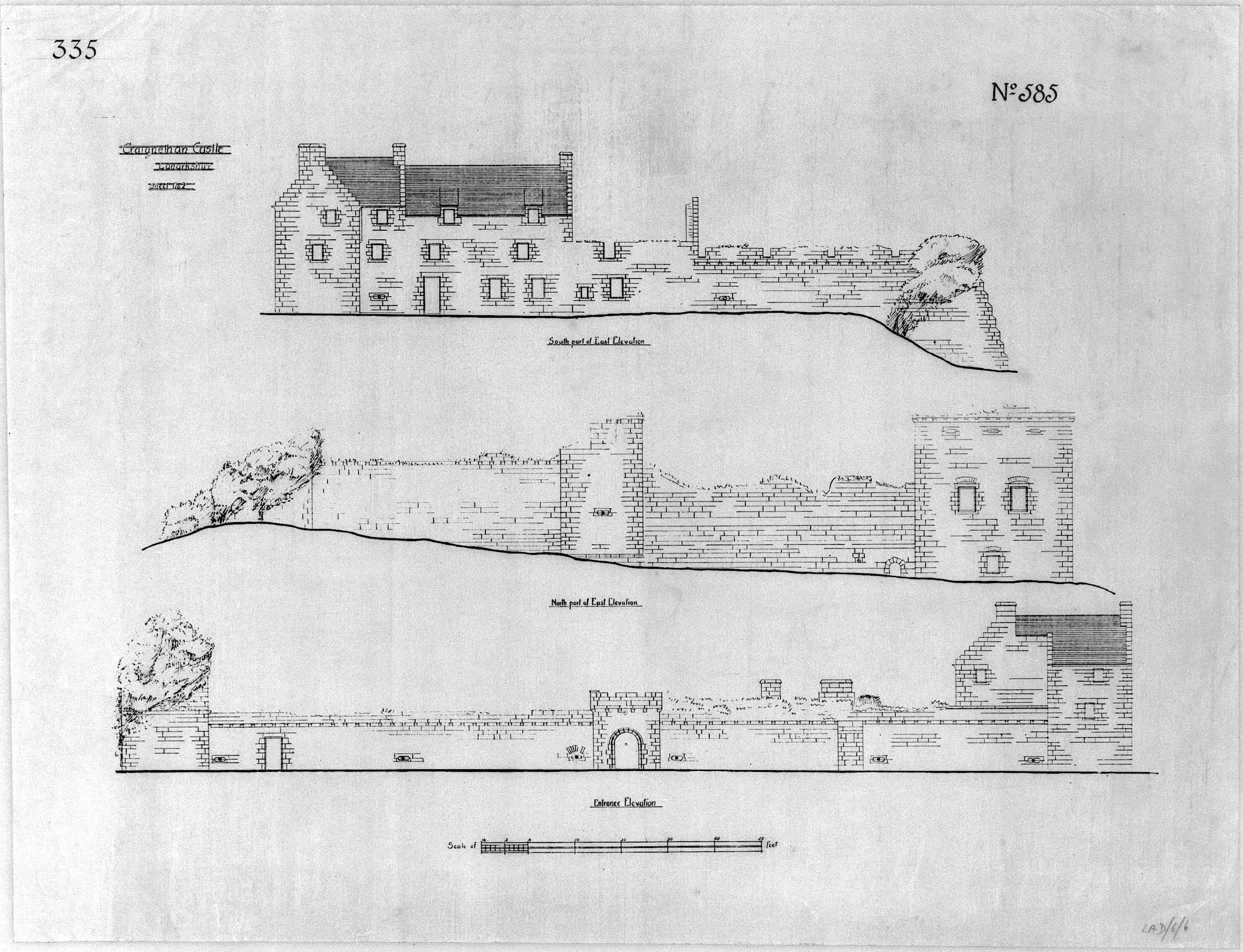 Drawings of a castle, showing a long wall, and roofed building 