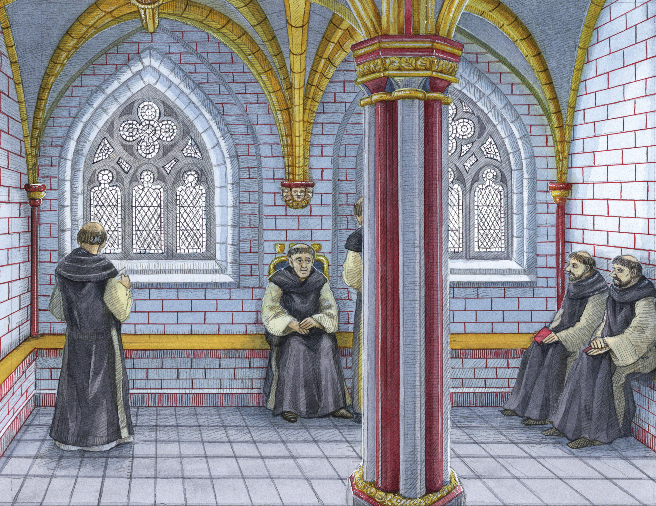 A blue, red and yellow cloistered room with ornate windows and five men in robes