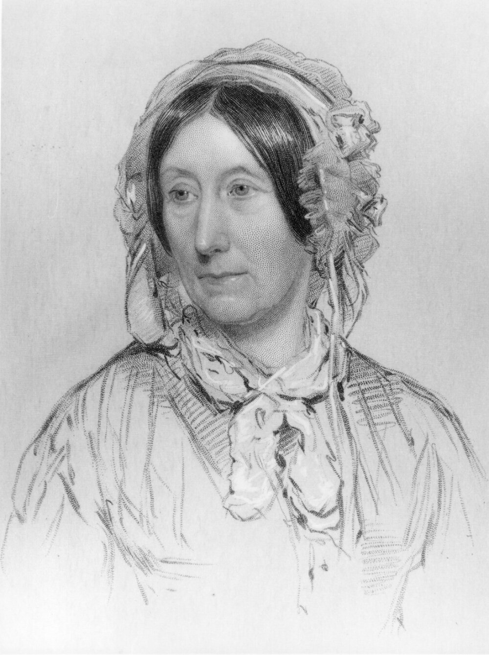 Black and white drawing of a person in period dress wearing a bonnet-style hat.