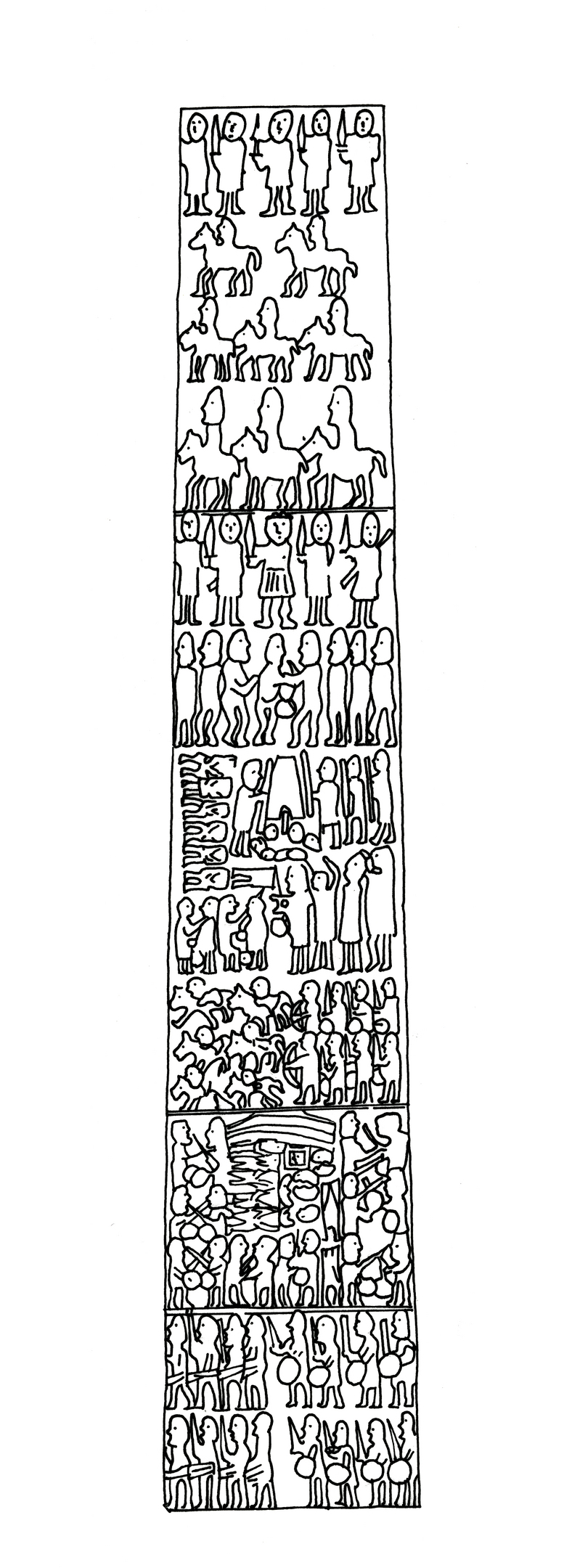 Black-and-white line illustration of Sueno’s Stone carvings showing multiple horizontal panels filled with human figures, warriors, and horses. The panels depict scenes of combat and procession, arranged vertically along the length of the stone.