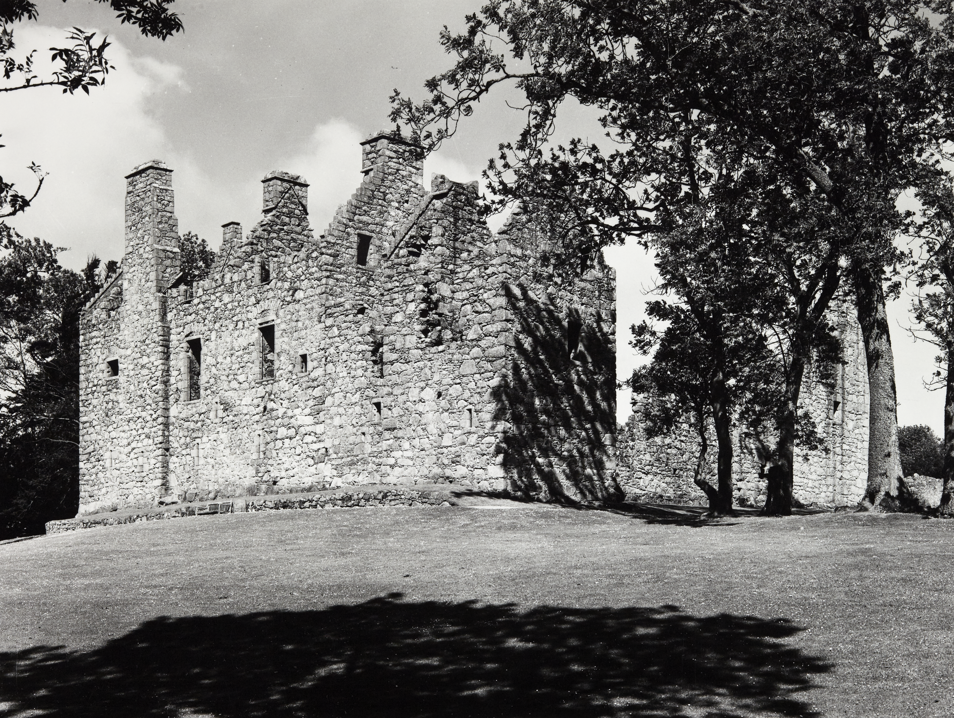 Black and white photo of castle ruin with trees around