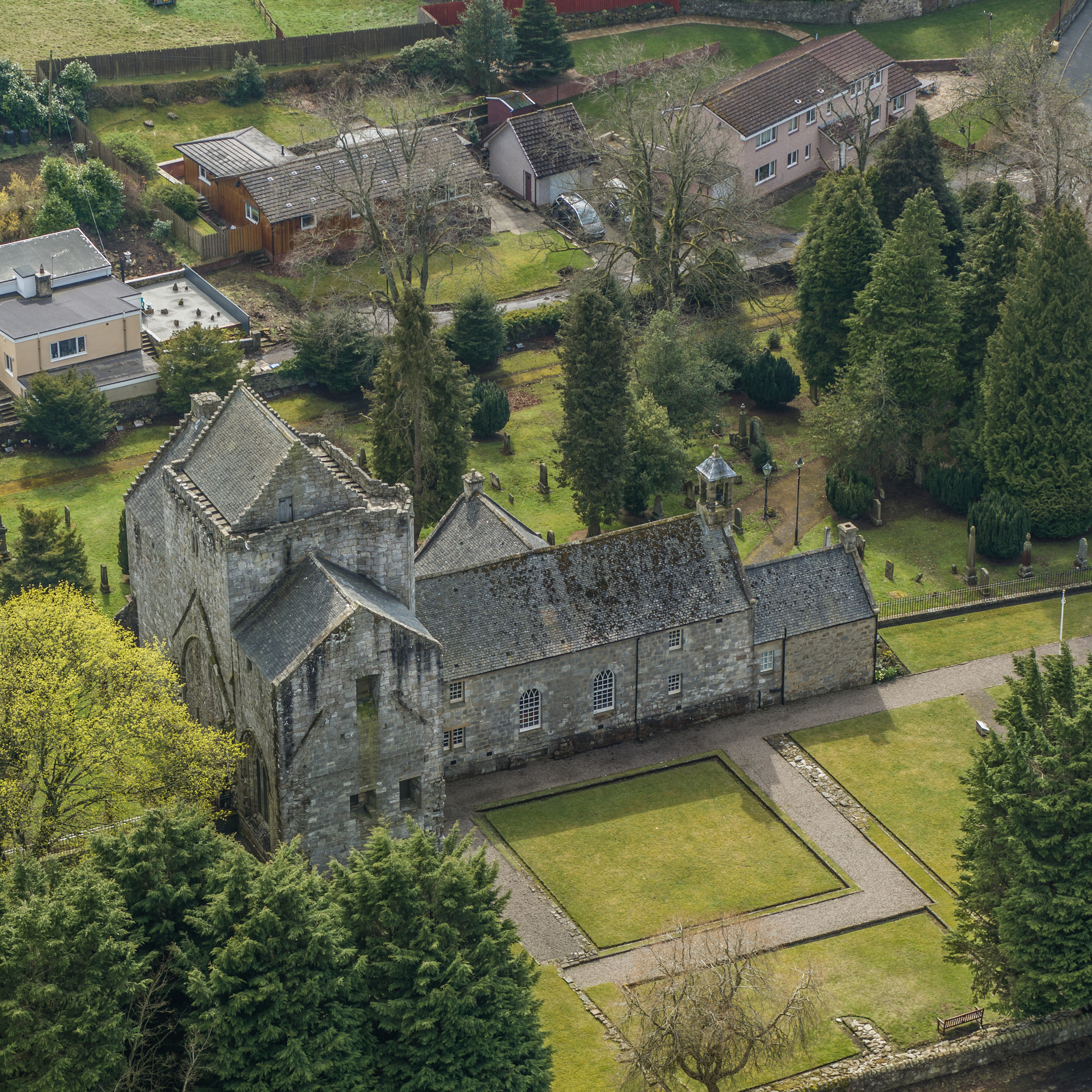 Aerial view of Torphichen Preceptory and surrounding green area