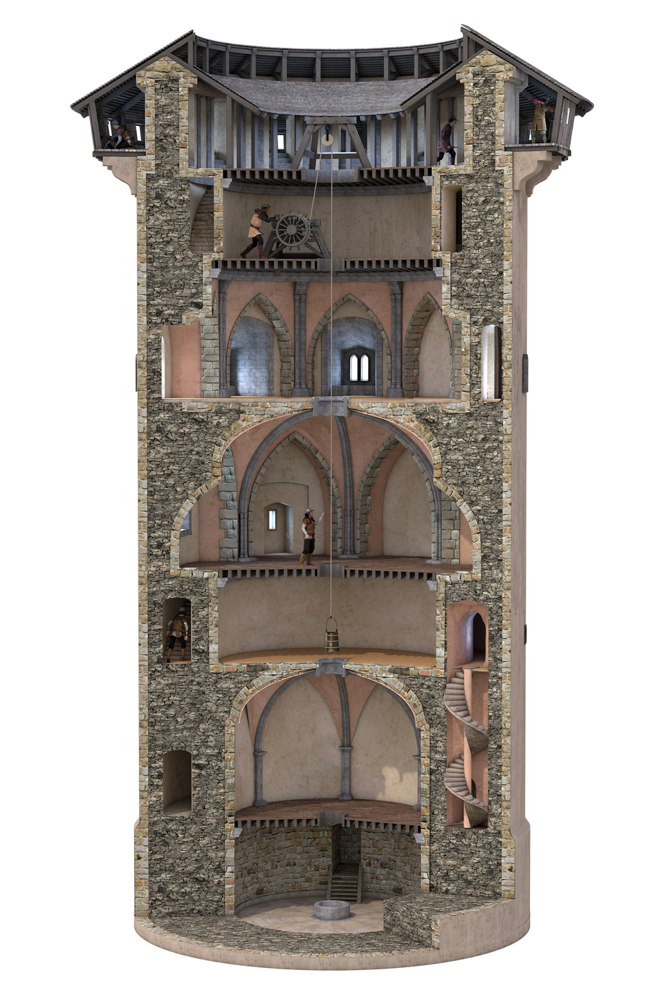 A detailed digital reconstruction of a tall medieval stone tower shown as a vertical cutaway. Multiple floors are visible, each with vaulted ceilings, stairways, and narrow windows. Small illustrated figures demonstrate activities inside, such as hauling goods and standing guard. The structure reveals the internal layout from basement to roof.