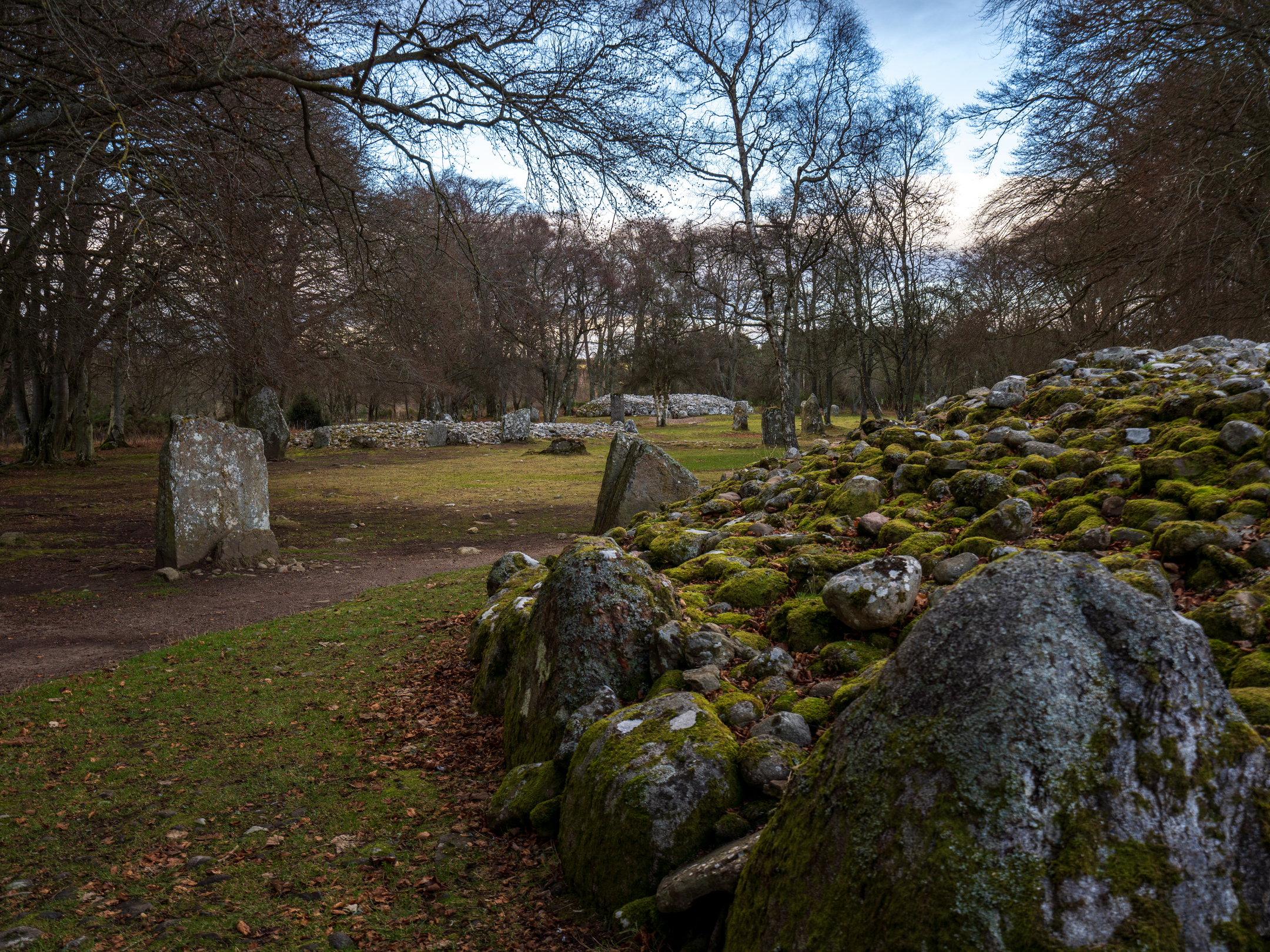 General view of area with standing stones and cairns, close to a cairn on the right hand side
