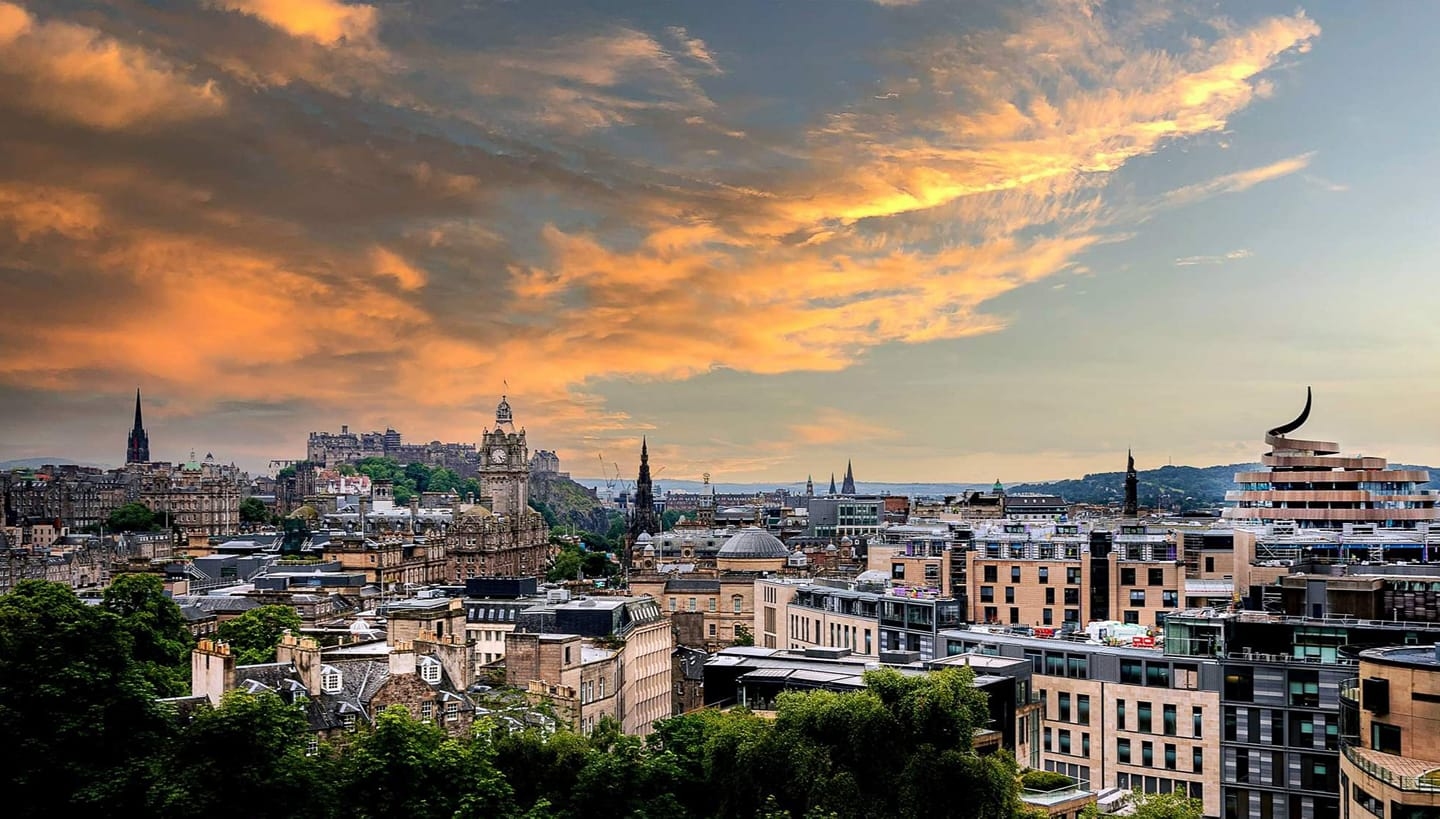 View over Edinburgh city including St James Centre, St Giles Cathedral, Waverly station and Edinburgh Castle 