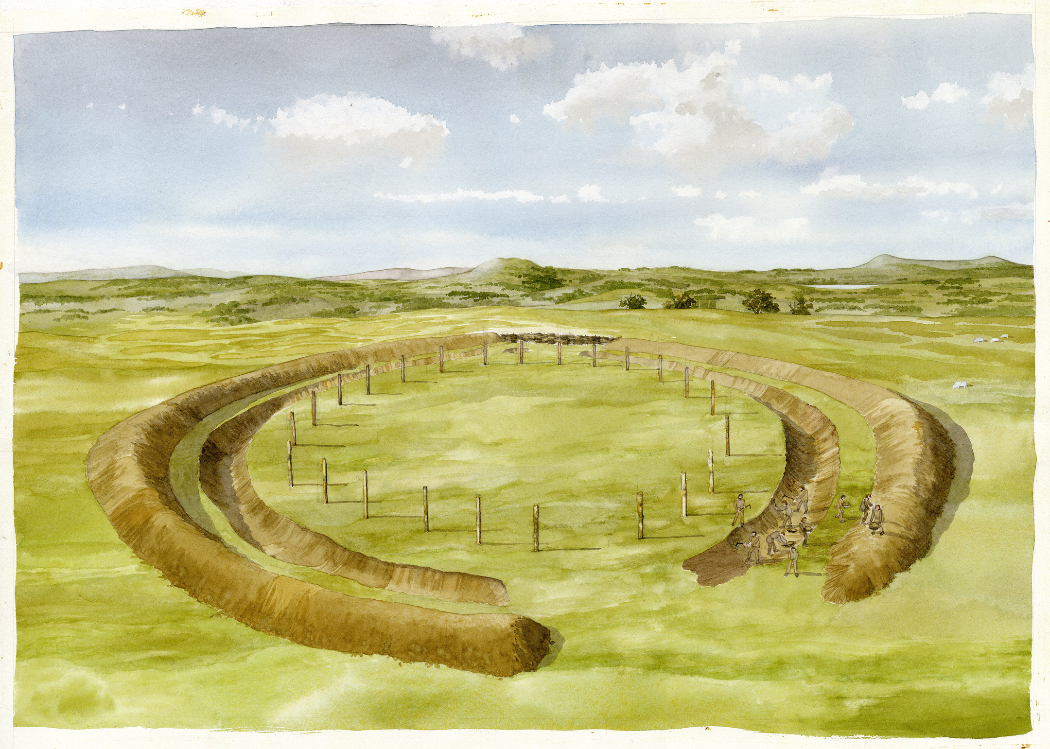 Drawing, perhaps with watercolour, showing huge circular ridges and standing poles in a circle in a grassy area. People are standing in the ridge, demonstrating its size